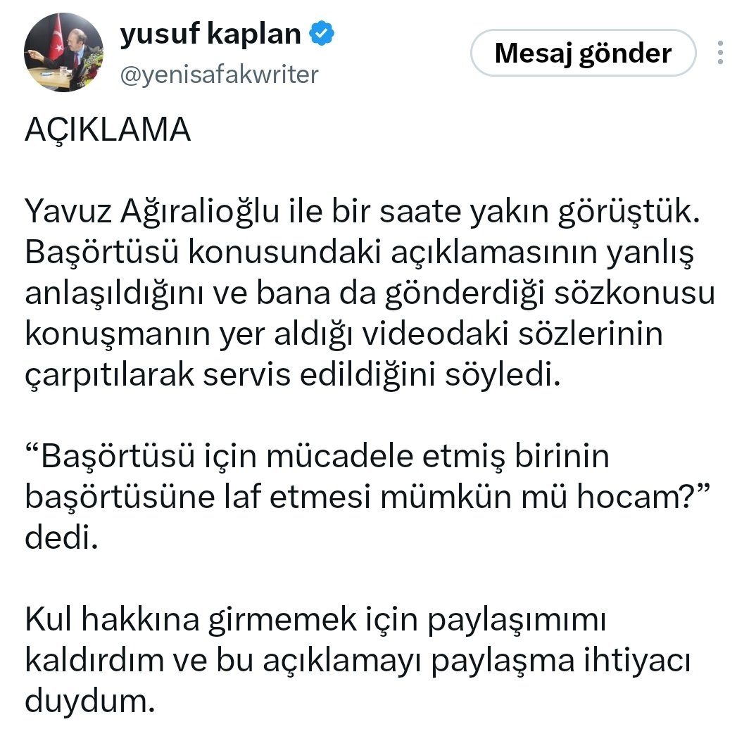 ahmetsimsirgil's tweet photo. Yavuz Ağıralioğlu alttaki sözleriyle neyi kastettiğini anlamıyorsa ve sizi ikna için bir saat dil döküyorsa siyaseti bıraksın!
Sözüyle tabi ki birini işaret ediyor ama neden başörtüsü hedefe konuluyor, defalarca zikrediliyor!
Açıksa özür dilese daha isabetli olurdu!
Bir kısım insanlar birilerini tenkit ederken yok namaz kılan yok camiye giden yok sakal bırakan diyerek dinî ibadet veya sembolleri diline dolardı. Bu da başörtüsünü dolamış diline. Olay bu! YAZIK!