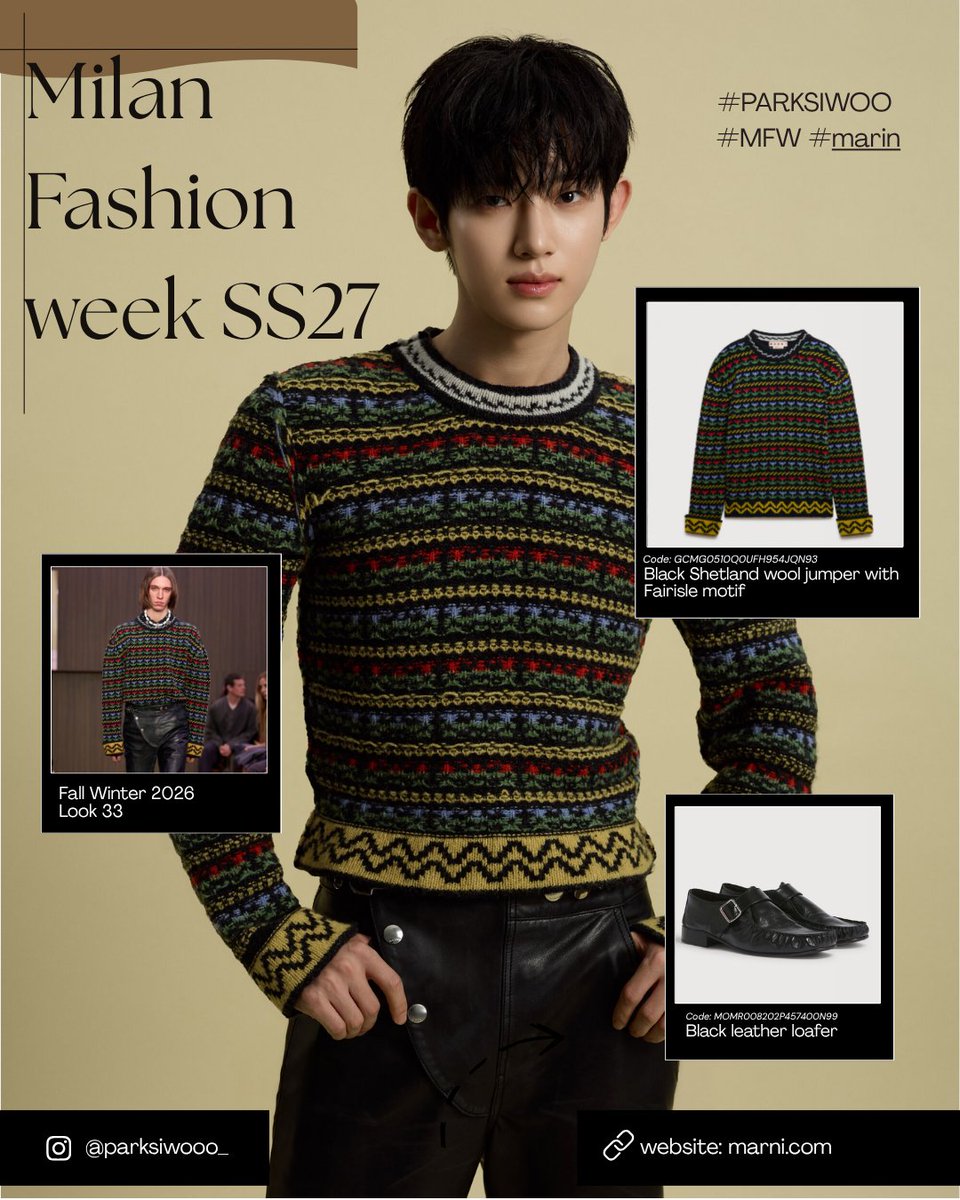 seeusiwoo321's tweet photo. Park Siwoo showcased a versatile approach to style at Milan Fashion Week SS27 through two distinct looks. 
He initially appeared in a modern, contemporary aesthetic featuring MM6 Maison Margiela. Shortly after, he shifted toward a completely different vibe, opting for the classic and warm Fairisle patterned knitwear from Marni. This noticeable contrast highlights his willingness to experiment with different fashion languages and adapt to varied brand identities.  
Following his appearances in Milan, Park Siwoo has officially confirmed his participation in the upcoming Paris Fashion Week, marking another anticipated moment on his fashion calendar.

PARK SIWOO PFW 
#PARKSIWOO 
#박시우 
#ParisFashionWeek
