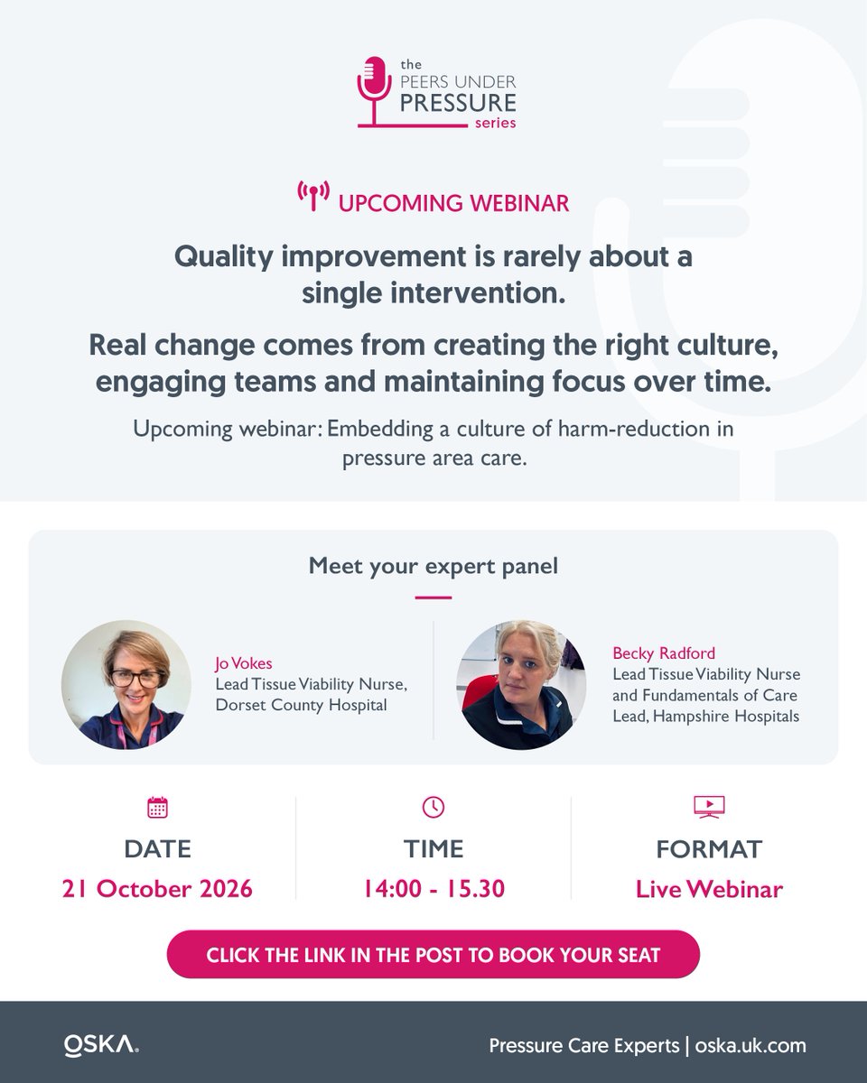askOSKA's tweet photo. Pressure ulcer quality improvement is about culture, not a single intervention. Jo Vokes and Becky Radford share what worked and what didn't. FREE CPD webinar, Wednesday 21 October, 14.00-15.30. Book: https://t.co/EE5wgtPV3t #PressureCareExperts #QualityImprovement #PatientSafety https://t.co/b9buflH8kp