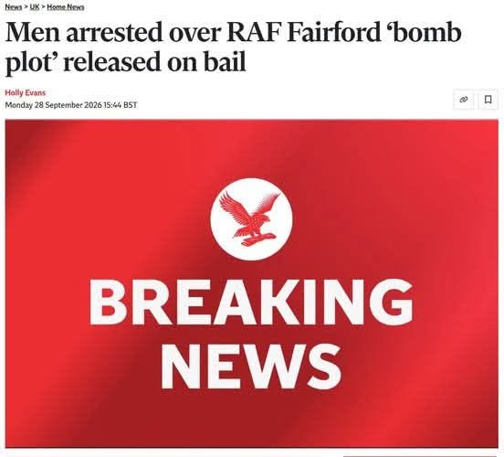 HackneySwp's tweet photo. @mjfree The five men arrested at #RAFFairford have all been released on bail.
There was NOT
a #bombplot https://t.co/h6KKxo0xiV