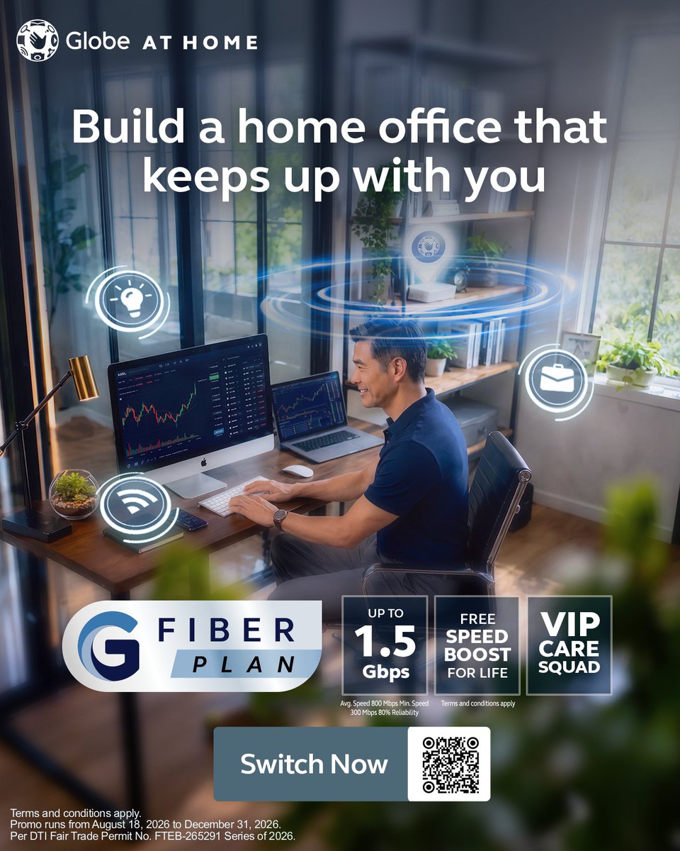 enjoyGLOBE's tweet photo. Your home office should keep pace with your big ideas.
Switch to #GlobeATHOME GFiber Plan and experience smooth connectivity, seamless collaboration, task completion all from the comfort of your home.
Plus, enjoy:
🛠 Installation in 24 hours (with a 3 PM checkout time and within serviceable areas)
👷VIP Care Squad
⚡FREE Speedboost for life
Switch to the connection you love: https://t.co/onNEMHTaKA
