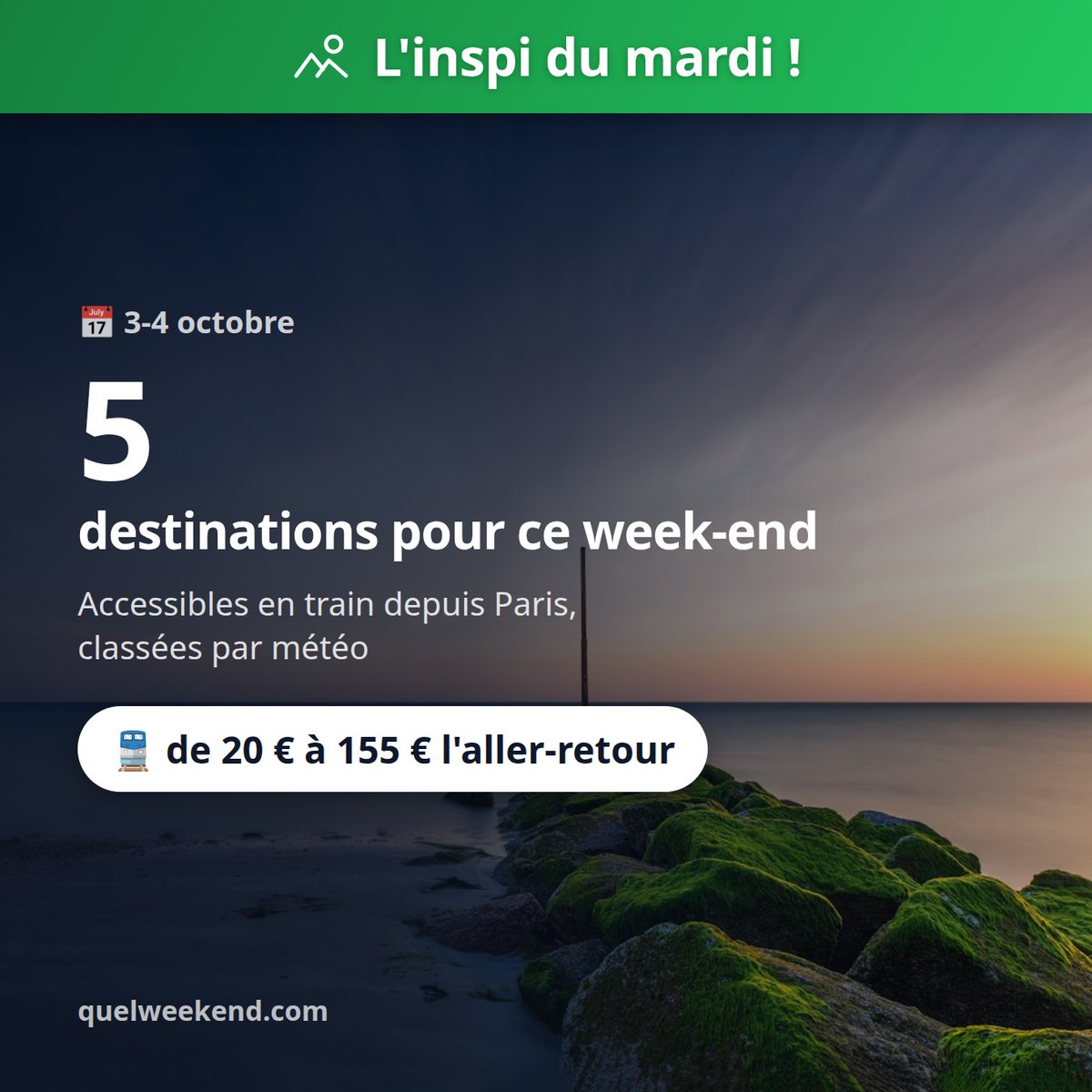 QuelWeekend's tweet photo. C'est mardi ! ☀️ 5 destinations où il fait beau ce week-end (3-4 octobre), accessibles en train depuis Paris, triées par météo. Les voici 🧵👇 https://t.co/2iWoAiy4CR