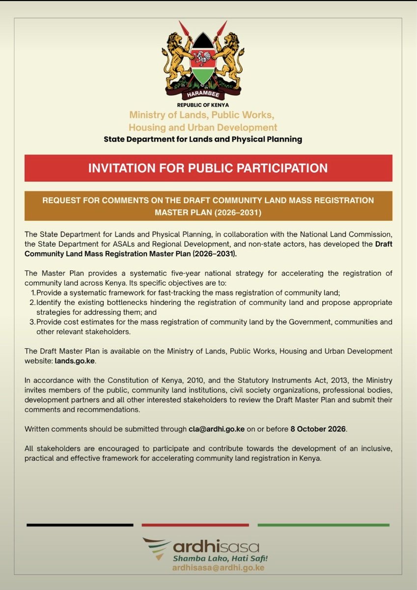 NamatiKenya's tweet photo. What should the next 5 years of #communityland registration look like?

Kenya’s Community Land Mass Registration Masterplan (2026–2031) is open for public comments.

📩 Send your views to cla@ardhi.go.ke by 8 Oct 2026

Read and have your say: https://t.co/VFm7HCzONg

#CLA10 https://t.co/YQhsYhMZeT