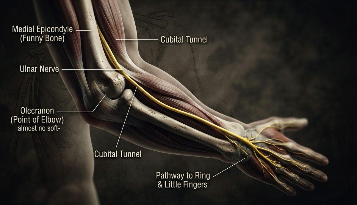AnatPossible's tweet photo. The funny bone is the ulnar nerve crossing the inner elbow, not a bone.

There the nerve lies in a shallow groove on the humerus with almost no muscle or fat over it. A sharp knock pins it against bone and briefly interrupts its signals, sending a flash of tingling down the inner forearm into the ring and little fingers.

It is like pinching a live wire against a hard edge.

That sudden electric zap after you clip the inside of your elbow on a desk or doorframe is the unprotected ulnar nerve.

▫️Educational only. Not medical advice. See a qualified clinician.
