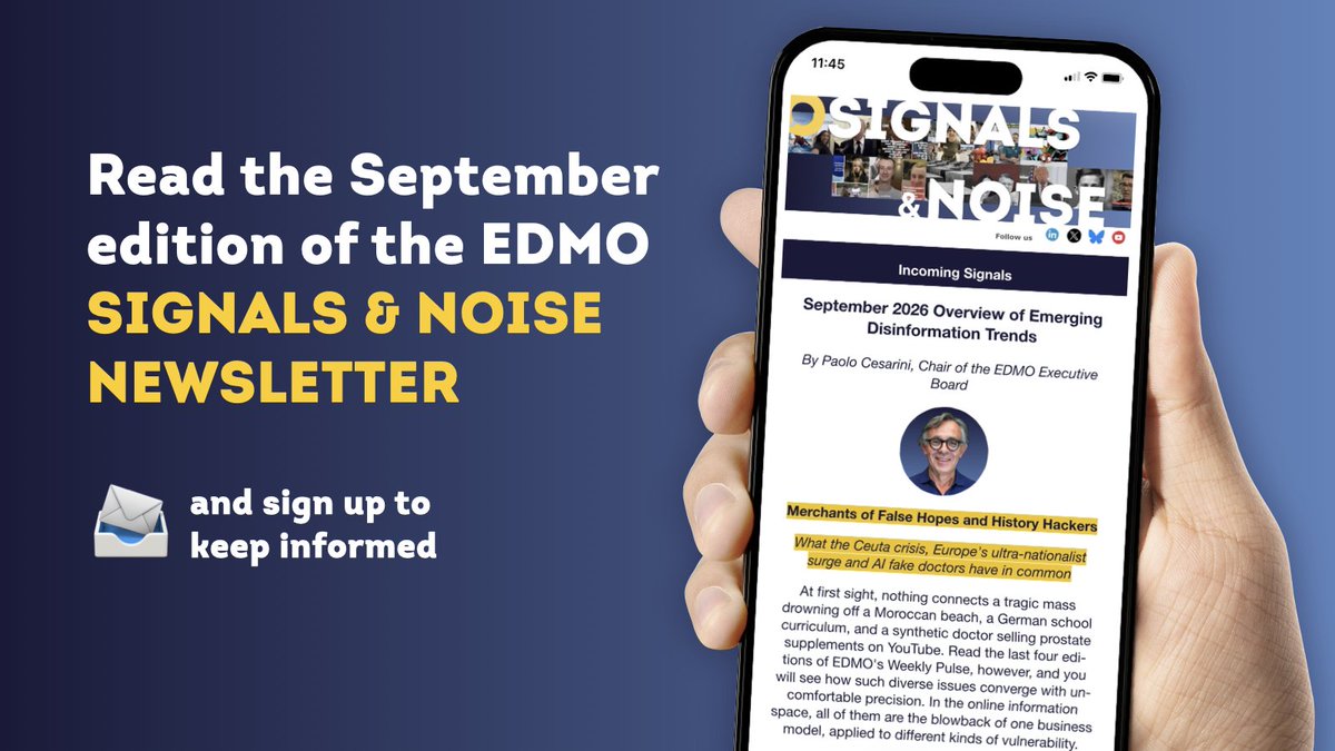 EDMO_EUI's tweet photo. 📩 𝐒𝐢𝐠𝐧𝐚𝐥𝐬 & 𝐍𝐨𝐢𝐬𝐞 is back! 

After a small summer break, the EDMO monthly newsletter is again in your inbox to bring you an overview of the latest disinformation trends, updates on media literacy, training, and more. What's in it 👇 

🔍 𝐌𝐞𝐫𝐜𝐡𝐚𝐧𝐭𝐬 𝐨𝐟 𝐅𝐚𝐥𝐬𝐞 𝐇𝐨𝐩𝐞𝐬 𝐚𝐧𝐝 𝐇𝐢𝐬𝐭𝐨𝐫𝐲 𝐇𝐚𝐜𝐤𝐞𝐫𝐬 — 𝐖𝐡𝐚𝐭 𝐭𝐡𝐞 𝐂𝐞𝐮𝐭𝐚 𝐜𝐫𝐢𝐬𝐢𝐬, 𝐄𝐮𝐫𝐨𝐩𝐞'𝐬 𝐮𝐥𝐭𝐫𝐚-𝐧𝐚𝐭𝐢𝐨𝐧𝐚𝐥𝐢𝐬𝐭 𝐬𝐮𝐫𝐠𝐞 𝐚𝐧𝐝 𝐀𝐈 𝐟𝐚𝐤𝐞 𝐝𝐨𝐜𝐭𝐨𝐫𝐬 𝐡𝐚𝐯𝐞 𝐢𝐧 𝐜𝐨𝐦𝐦𝐨𝐧 | By Paolo Cesarini, EDMO, @STGEUI

🇳🇱 Narratives of Identity-Based Disinformation in the Netherlands and Flanders and How They Interweave | By Yitsz Neurink, Factchecker and journalist at @nieuwscheckers .

💡 Before the Next Big Crisis Hits: Lessons Learned From Ceuta and Collaborations Against Disinformation | By Fundación @maldita, @iberifier Partner

🚺 Resilient Voices: Continuing the Conversation on Women & Disinformation | An initiative by @BECID_EDMO 

…but that's not all! Read this month's edition 👉https://t.co/fUTLooIT7V

📨 And don't forget to sign up: https://t.co/uEz9wmbUGm
