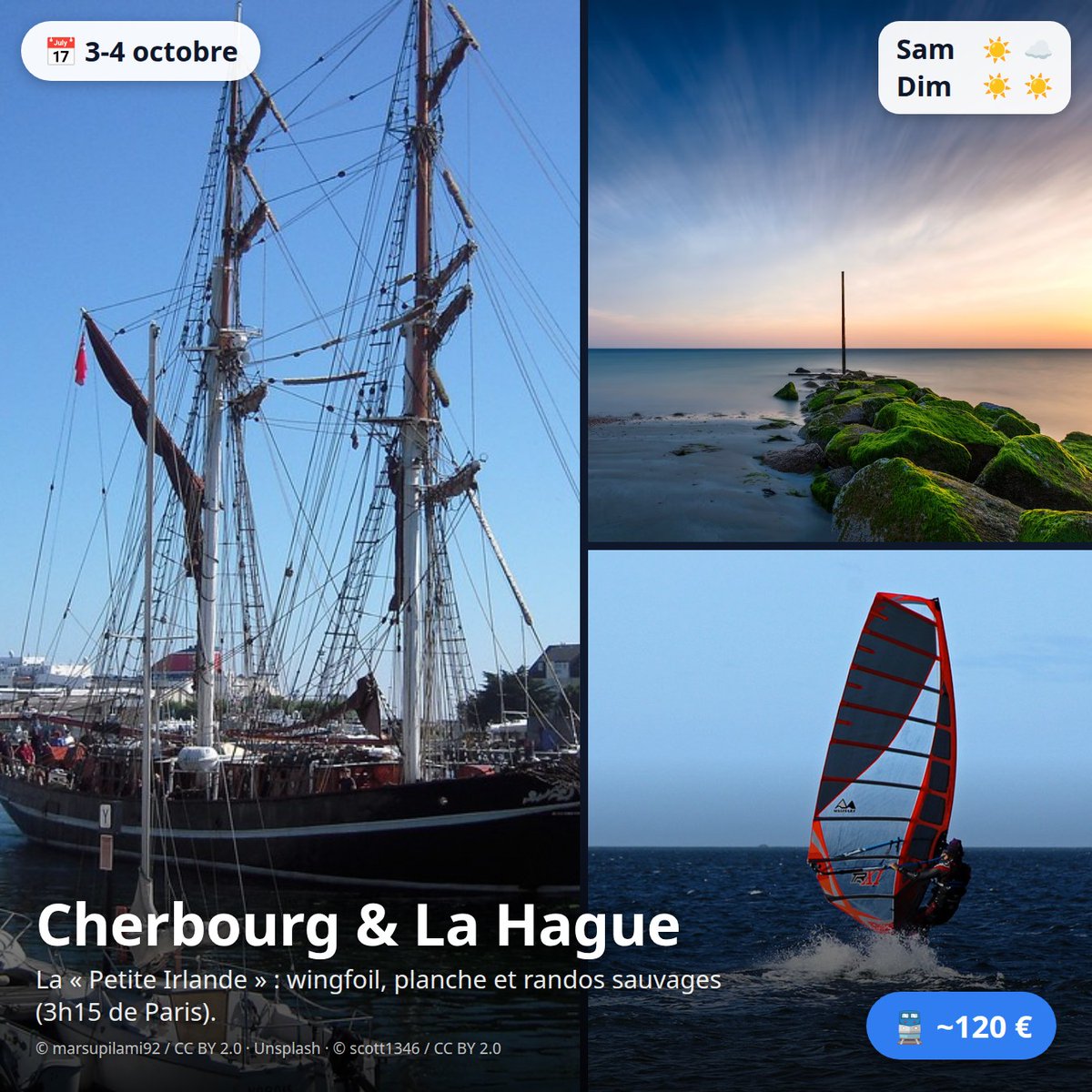QuelWeekend's tweet photo. @AuTopCotedOpale 5⃣ Cherbourg &amp; La Hague @cotentinunique — 🚆 ~120 € A/R
La « Petite Irlande » : wingfoil, planche et randos sauvages (3h15 de Paris). https://t.co/CyTQFJeo3G
