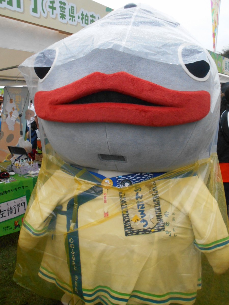 polopolo0815's tweet photo. 止む時もあったけど、雨が・・☔️
あんちゃんはお魚さんだから濡れても平気？日本酒が降ってくればいいのにね🤭
おうどんは濡れない方がいいのかなあ、、冷やしうどんあるけど・・ゆで卵の半身は絶対濡れない方がいいよね～！😅
　#ご当地キャラカーニバル　#安田朗　#さぬどん https://t.co/fmywcABu3k