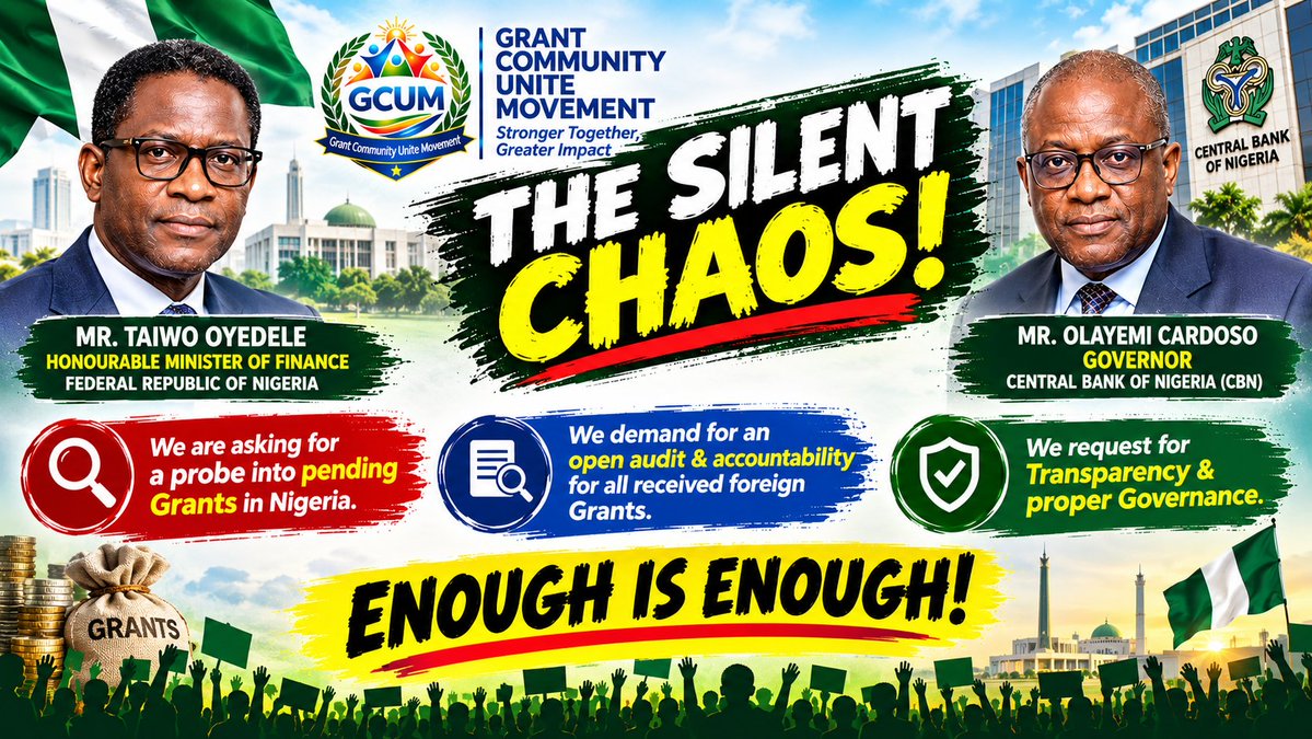 GrantCommuUnite's tweet photo. THE SILENT CHAOS!

The Grant Community Unite Movement (GCUM) is calling for urgent attention to the concerns surrounding pending grant disbursements in Nigeria.

We appeal to Hon. Taiwo Oyedele, Minister of Finance and Coordinating Minister of the Economy, and Mr. Olayemi Cardoso, Governor of the Central Bank of Nigeria, to help clarify the status of grants that beneficiaries have been waiting for over 10 years. Both officials currently hold these offices.
Many struggling Nigerians paid with hard-earned money in connection with promised grants and have continued waiting for the expected outcomes. 

Our call is simple:
- Openly clarify the status of pending grants.
- Ensure legitimate beneficiaries receive funds due to them.
- Provide proper oversight throughout any disbursement process.
- The masses deserve answers, transparency and accountability—not endless uncertainty.

DISBURSE ALL LEGITIMATE GRANTS NOW.

Aluta Continua! 
#GrantTransparency #Accountability #OpenAudit #DisburseGrantsNow #FollowTheMoney #JusticeForTheMasses #GrantCommunity #Nigeria #GCUM #CBN