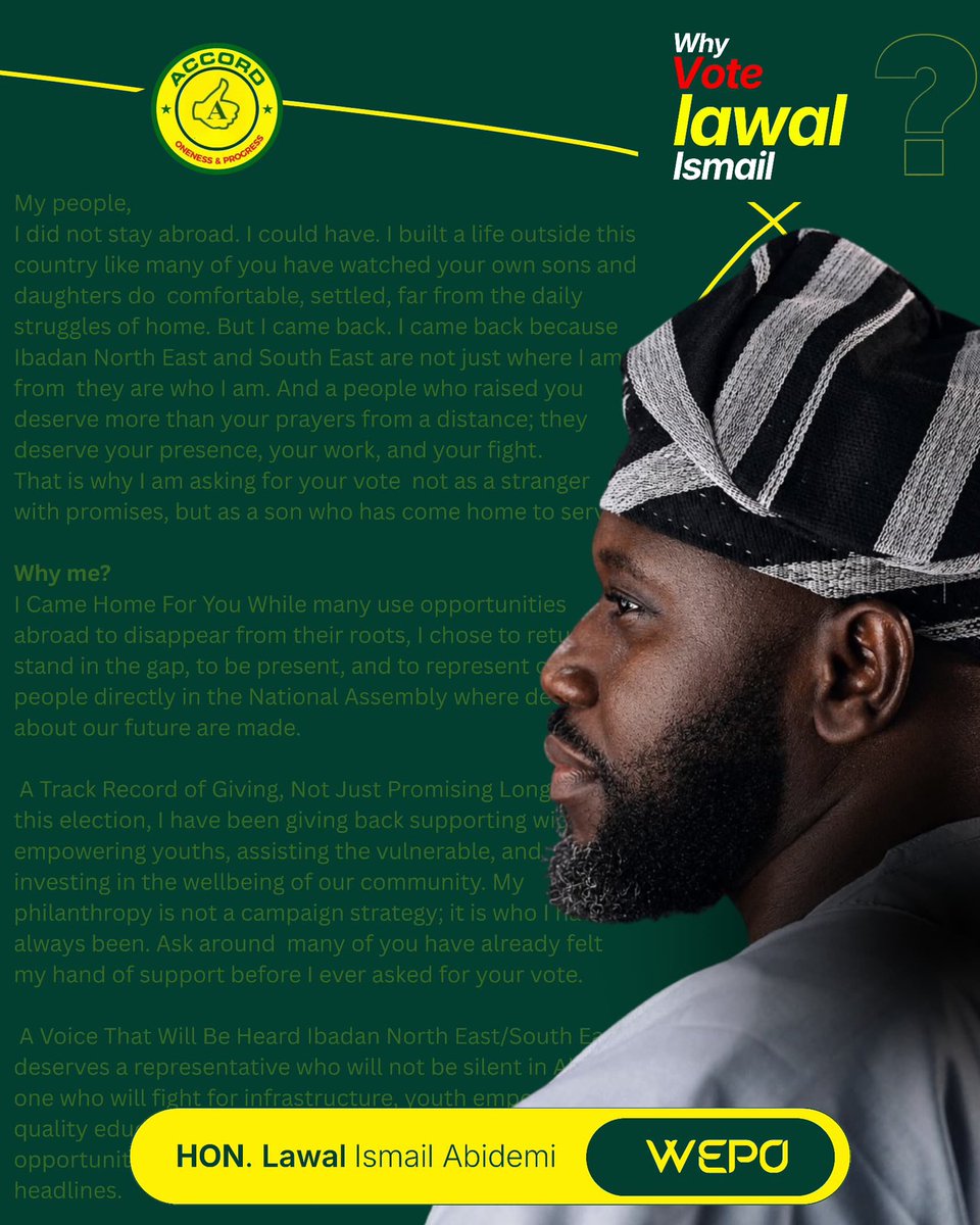 Aloma1410's tweet photo. My People, Your Son Is Ready! Hon. WEPO returned home with global experience and a proven commitment to service. Now, he is ready to give Ibadan North East/South East strong, purposeful representation in the House of Representatives.
#wepo4rep
@Lawalismail https://t.co/5DiRZNDZ8g