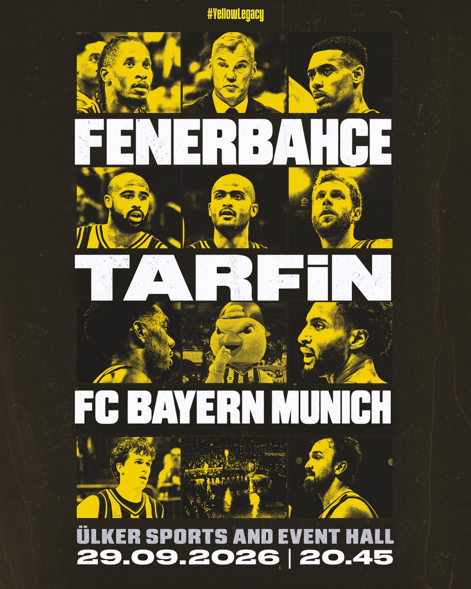 FBBasketbol's tweet photo. 🏀 Maç günü!

🏆 EuroLeague 2. Hafta
🆚 FC Bayern Münih
🕣 20.45
📍 Ülker Spor ve Etkinlik Salonu
📺 S Sport
🎫 Biletler: https://t.co/YGcRQgRpk2 
📱 #YellowLegacy #EuroLeague https://t.co/ro2usYa6RS