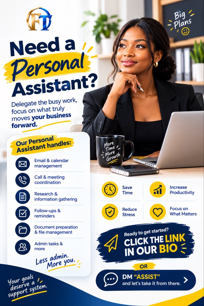 FinsalesTrust's tweet photo. Your to-do list is growing. Your time isn’t. ⏰
Stop doing tasks you can delegate.
💼 Hire a Personal Assistant. Focus on growth.
👉 Click the link in our bio NOW!!!
#PersonalAssistant #VirtualAssistant #BusinessSupport #Productivity https://t.co/9VDtKUyhHv
