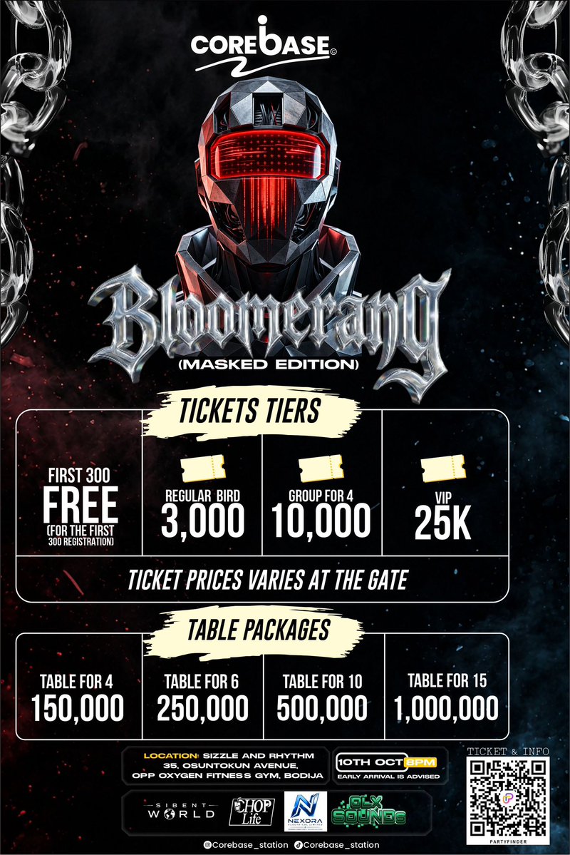 CorebaseStation's tweet photo. 10 days till we BLOOMERANG . October 10th, we go till dawn. π₯
Come with your Bloom. Get your mask ready. πͺ©
π Sizzle & Rhythm, Bodija, Ibadan
ποΈ Tickets + VIP reservations β link in bio.
#Corebase #Bloomerang #Ibadan #IbadanNightlife #IbadanEvents #NigeriaNightlife #OyoEvent https://t.co/YaqdPrA3TZ
