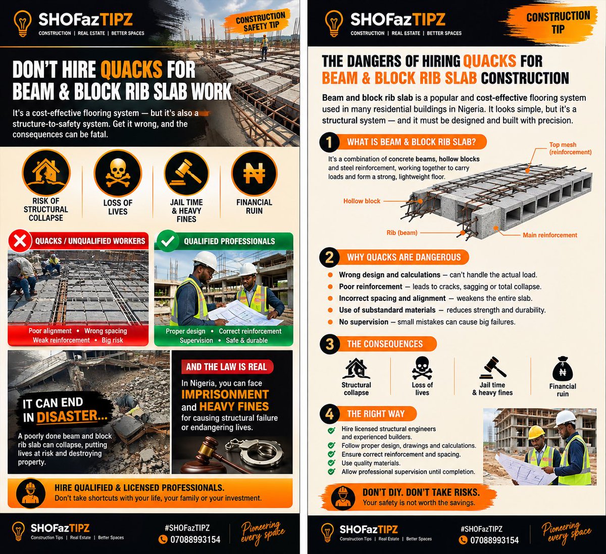 shofaz28's tweet photo. 🚨 Don’t use quacks for beam &amp; block rib slab work.

It may look simple, but it’s structural work. Wrong design, reinforcement or spacing can lead to cracks, excessive deflection—or collapse.

🏗️ Use qualified professionals. Safety first.

#SHOFazTIPZ #ConstructionSafety https://t.co/7nLimwPHgY
