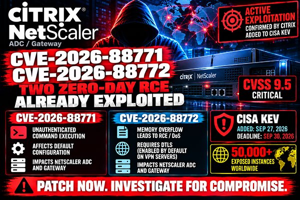 stem__shop's tweet photo. и описание для соц сетей
🔴 Citrix NetScaler: two zero-days under active attack

CVE-2026-88771 and CVE-2026-88772 can lead to RCE on vulnerable NetScaler ADC/Gateway systems. Both are 

Full article on StemShop

#CVE #CVE202688771 #CVE202688772 #Citrix #NetScaler #CyberSecurity https://t.co/uB9K7uXc8f