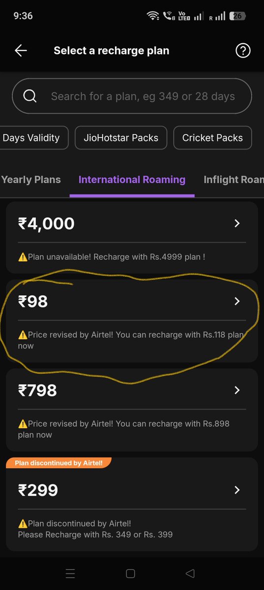 imsubramanyam's tweet photo. @airtelindia I see 98 is discontinued and asking me to recharge 118 instead. But 118 is now showing in the list. @Airtel_Presence please help. https://t.co/0CnfIYBFKk