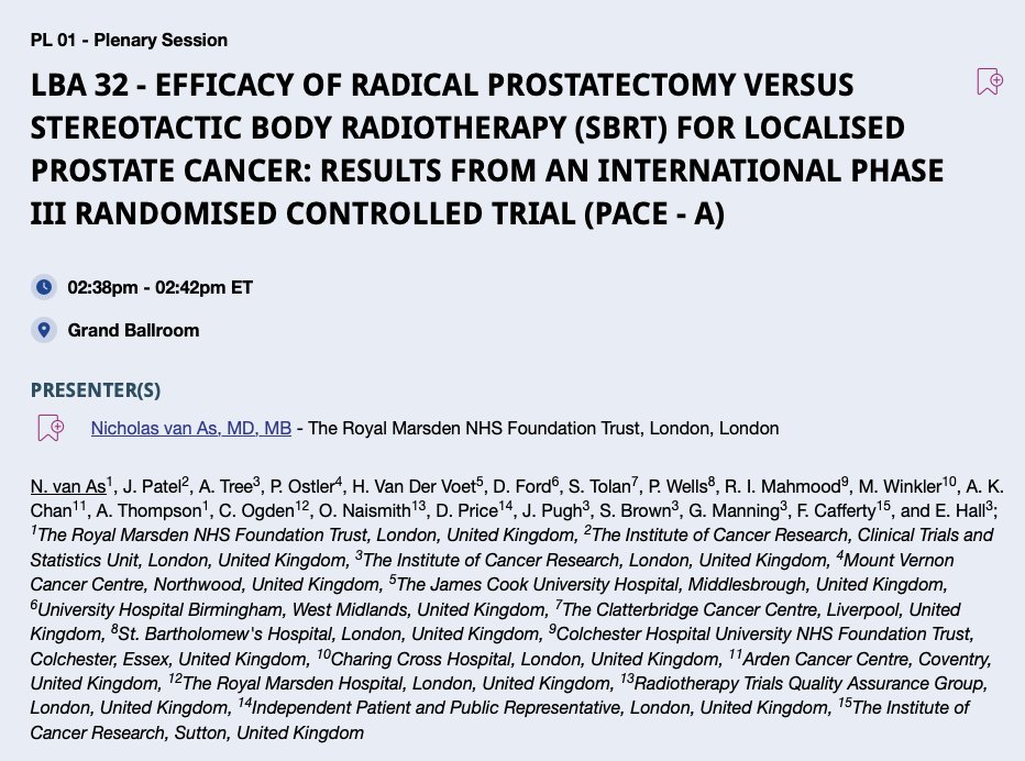 APCCC_Lugano's tweet photo. Surgery or 5 sessions of radiation? For the first time, we have randomised head-to-head efficacy data. 🔥 #PACE_A at #ASTRO26 shows comparable 8-year cancer control, and nearly half of surgical patients still use pads at 5 years.

LBA 32 - EFFICACY OF RADICAL PROSTATECTOMY VERSUS STEREOTACTIC BODY RADIOTHERAPY (SBRT) FOR LOCALISED PROSTATE CANCER: RESULTS FROM AN INTERNATIONAL PHASE III RANDOMISED CONTROLLED TRIAL (PACE - A)

PACE-A (phase III) randomised 123 men with localised #ProstateCancer to 5-fraction SBRT☢️ (36.25 Gy) or prostatectomy, without ADT. 
��️At 8 years' median follow-up, biochemical/clinical failure-free rates were 91.2% vs 83.7% (HR 0.48; p=0.18), with 94.8% vs 94.1% at 5 years. 
➡️Pad use at 5 years: 8.3% SBRT vs 48% surgery. Grade ≥2 toxicity was low in both arms. 
✅SBRT offers comparable long-term cancer control with far better urinary continence.

@nickva1, @alison_tree, @EmmaHall71, @ICR_CTSU, @ICR_London, @royalmarsdenNHS

@OncoALert 🚨 #LPCCC27
@Silke_Gillessen 
@AOmlin 
@ProfKHerrmann 
@weoncologists