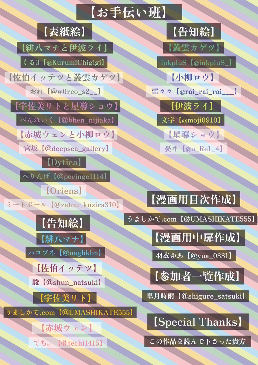 tagatame_eiyu's tweet photo. 🅰️非公式Webアンソロジー
#誰が為に生きる英雄よ
担当コンビ・お手伝い班一覧

📢本日12時より、順に公開されます(詳細なスケジュールはリプ欄参照)
最後まで盛りだくさんです‼️

是非お楽しみください✨

⚠︎当企画は非公式Webアンソロジーです。
⚠︎ご本人様方とは一切関係ありません。 https://t.co/wkhmNwdzeH