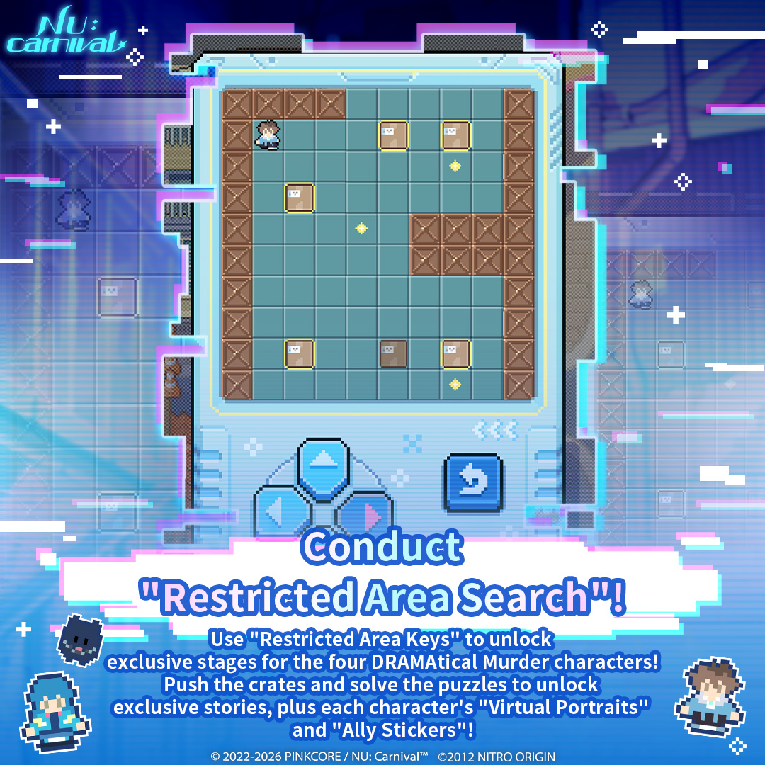 NUCarnivalEn's tweet photo. ⚡ "NU: Carnival x DRAMAtical Murder" Collab Sneak Peek! ⚡

On top of an exciting collaboration storyline, a variety of limited-time gameplay modes await you, Master—

🗺️ Explore a Pixel-style "Old Residential District"
Step into the "Old Residential District" to access the "Hum-Drum Junk" Shop and minigames, or travel across different areas to meet various companions~
👀 Virus, Trip, and Mizuki will only appear in the "Old Residential District!"
As event chapters unlock phase by phase, different dialogue events will be triggered as well~

📦 "Package Delivery" Missions Open
Use "Bill of Goods" and head to "Delivery Works" to fulfill parcel deliveries!
Use "Hum-Drum" Tokens earned from clearing stages to exchange for limited-edition rewards in the "Hum-Drum Junk" Shop, including "DLC Disks", "Event BGM", "Ally Stickers" and more!
💾 Collect "DLC Disks" to unlock long-awaited "Branching Paths!" The smallest of choices might just change the course of the story—

🔍 Conduct "Restricted Area Search"
Use "Restricted Area Keys" to unlock exclusive stages for all four "DRAMAtical Murder" allies!
🧩 Push boxes with precision to clear intricate mechanics! In addition to unlocking exclusive storylines, you'll earn "Virtual Portraits" and "Ally Stickers"!

✨ Complete Series Quests to Customize Your Event Home Screen!
Take part in collab event stories, challenge minigames, and exchange items in the shop—reach designated mission goals to collect "Retro Shot"!
Once acquired, you can freely decorate your event main screen with them~
🔋 Plus, spend Energy cumulatively to earn "Limited Collab stickers"!

Come explore the "Old Residential District", complete delivery quests, crack the mechanics of the Restricted Area, and gather your exclusive collaboration rewards! 💫

#NUCarnival #CHiRAL #DMMd #CYBERNEticalParadox