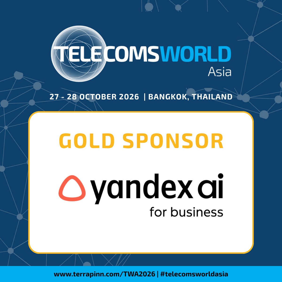 TelcoWorldAsia's tweet photo. #YandexAI joins #TelecomsWorldAsia 2026 as a Gold Sponsor!
Meet the team at E20 and discover Yandex AI solutions spanning AI agents, search, assistants & generative tools, built to power everyday digital services.
📅 27–28 Oct | Bangkok
🎟️ https://t.co/jL2szKrwBu https://t.co/SbXFbFe3fS