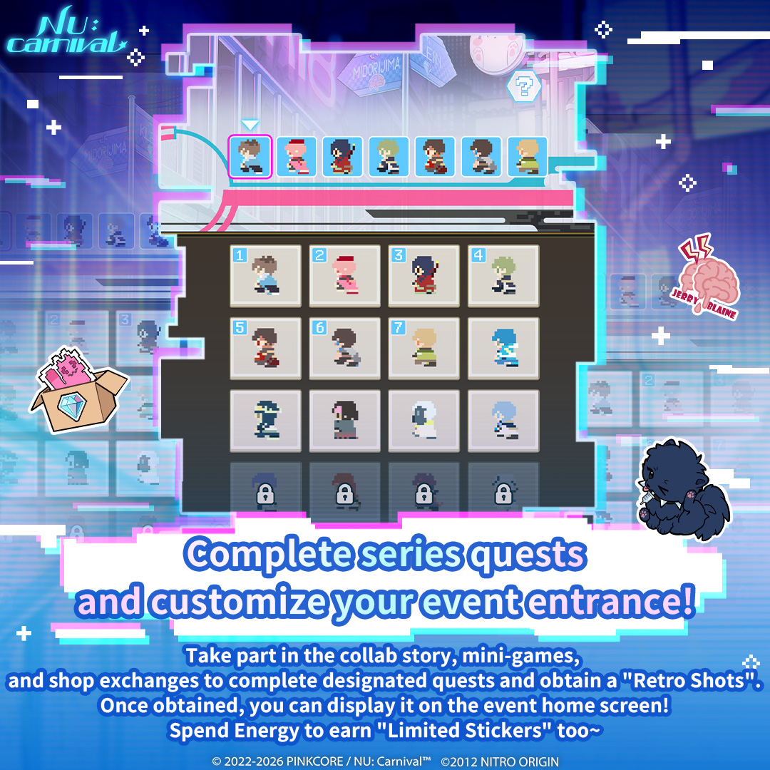 NUCarnivalEn's tweet photo. ⚡ "NU: Carnival x DRAMAtical Murder" Collab Sneak Peek! ⚡

On top of an exciting collaboration storyline, a variety of limited-time gameplay modes await you, Master—

🗺️ Explore a Pixel-style "Old Residential District"
Step into the "Old Residential District" to access the "Hum-Drum Junk" Shop and minigames, or travel across different areas to meet various companions~
👀 Virus, Trip, and Mizuki will only appear in the "Old Residential District!"
As event chapters unlock phase by phase, different dialogue events will be triggered as well~

📦 "Package Delivery" Missions Open
Use "Bill of Goods" and head to "Delivery Works" to fulfill parcel deliveries!
Use "Hum-Drum" Tokens earned from clearing stages to exchange for limited-edition rewards in the "Hum-Drum Junk" Shop, including "DLC Disks", "Event BGM", "Ally Stickers" and more!
💾 Collect "DLC Disks" to unlock long-awaited "Branching Paths!" The smallest of choices might just change the course of the story—

🔍 Conduct "Restricted Area Search"
Use "Restricted Area Keys" to unlock exclusive stages for all four "DRAMAtical Murder" allies!
🧩 Push boxes with precision to clear intricate mechanics! In addition to unlocking exclusive storylines, you'll earn "Virtual Portraits" and "Ally Stickers"!

✨ Complete Series Quests to Customize Your Event Home Screen!
Take part in collab event stories, challenge minigames, and exchange items in the shop—reach designated mission goals to collect "Retro Shot"!
Once acquired, you can freely decorate your event main screen with them~
🔋 Plus, spend Energy cumulatively to earn "Limited Collab stickers"!

Come explore the "Old Residential District", complete delivery quests, crack the mechanics of the Restricted Area, and gather your exclusive collaboration rewards! 💫

#NUCarnival #CHiRAL #DMMd #CYBERNEticalParadox