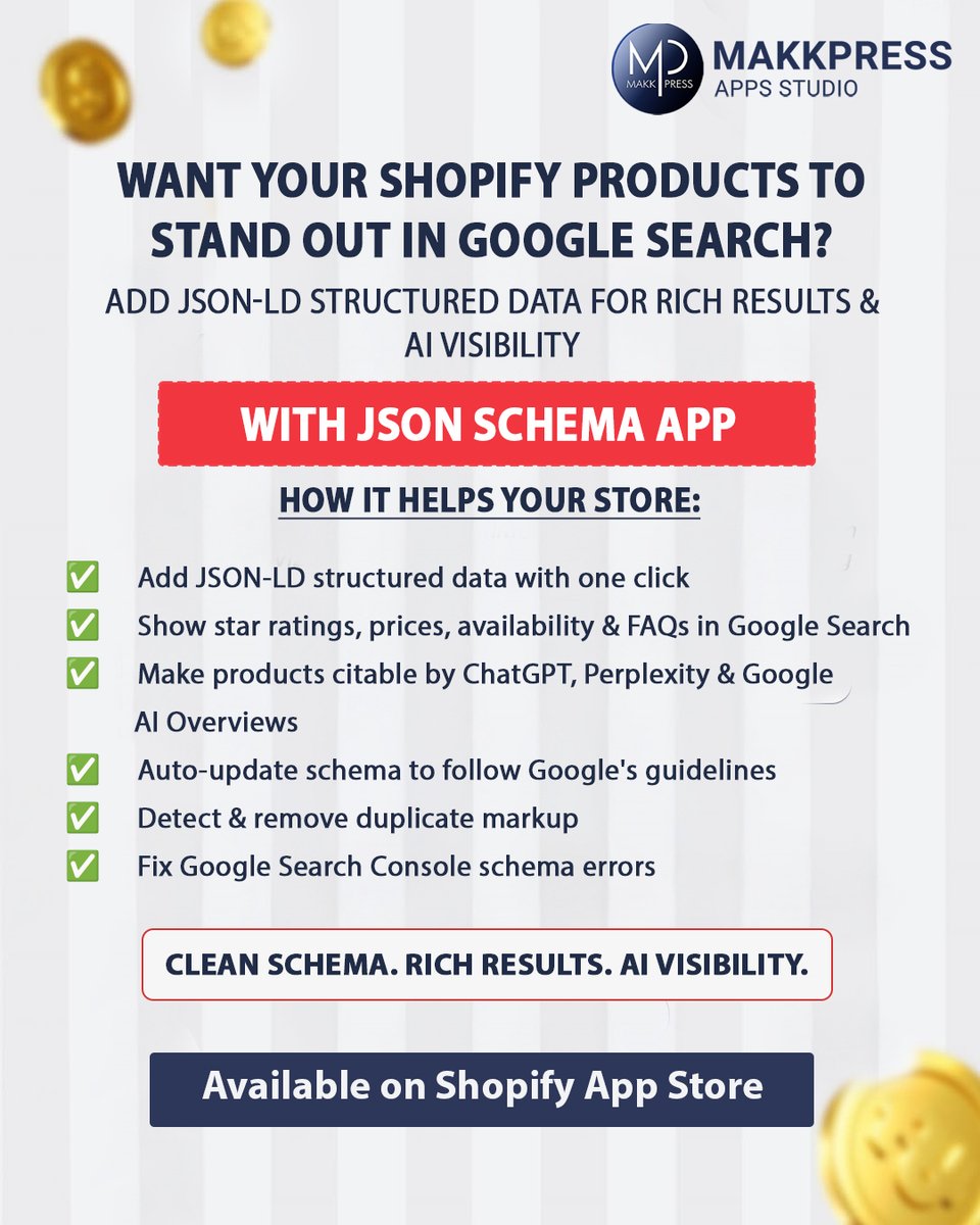 MakkpressTech's tweet photo. Your Products Are Great. But Does Google Understand Them?
Give search engines the structured data they need to understand your Shopify store and product information better.
Visit: https://t.co/4dWiVaUJEo
#Shopify #ShopifyStore #ShopifySEO #SchemaMarkup #JSONLD #MakkpressApps https://t.co/BwGVlrEm7T