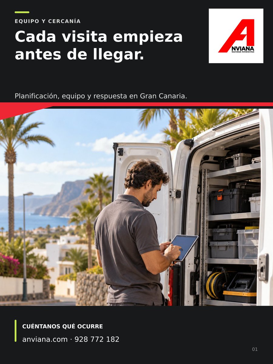 AnvianaSL's tweet photo. Detrás de cada visita hay preparación. 🚐 

En Anviana organizamos rutas y revisamos materiales para ofrecer un servicio profesional en Gran Canaria. ¿Problemas de plagas? Cuéntanos y solicita tu presupuesto sin compromiso. 🌐 https://t.co/brUEHqPAtq 

☎️ 928 772 182 https://t.co/jjcmVhBK92