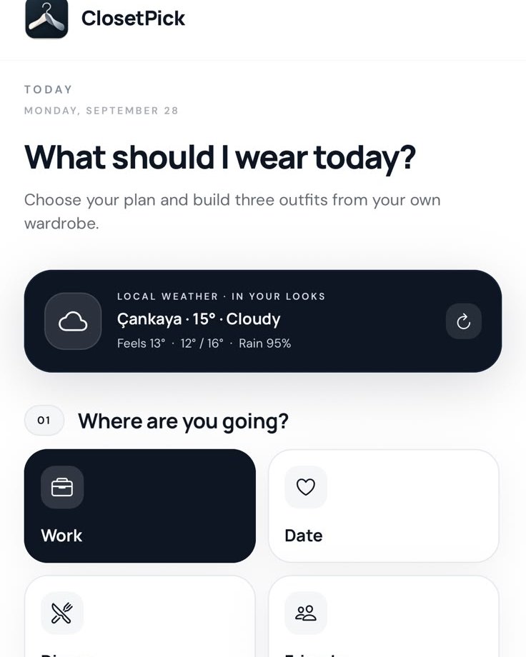 mertplt77's tweet photo. Your wardrobe doesn't need more inspiration. It needs a decision.

Tell ClosetPick the plan. It builds three options from clothes you already own.

Which matters most when you choose an outfit: occasion, weather, or style?

#buildinpublic https://t.co/wtRGZbndu8