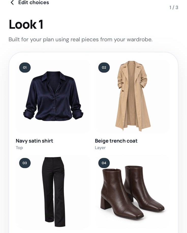 mertplt77's tweet photo. Your wardrobe doesn't need more inspiration. It needs a decision.

Tell ClosetPick the plan. It builds three options from clothes you already own.

Which matters most when you choose an outfit: occasion, weather, or style?

#buildinpublic https://t.co/wtRGZbndu8