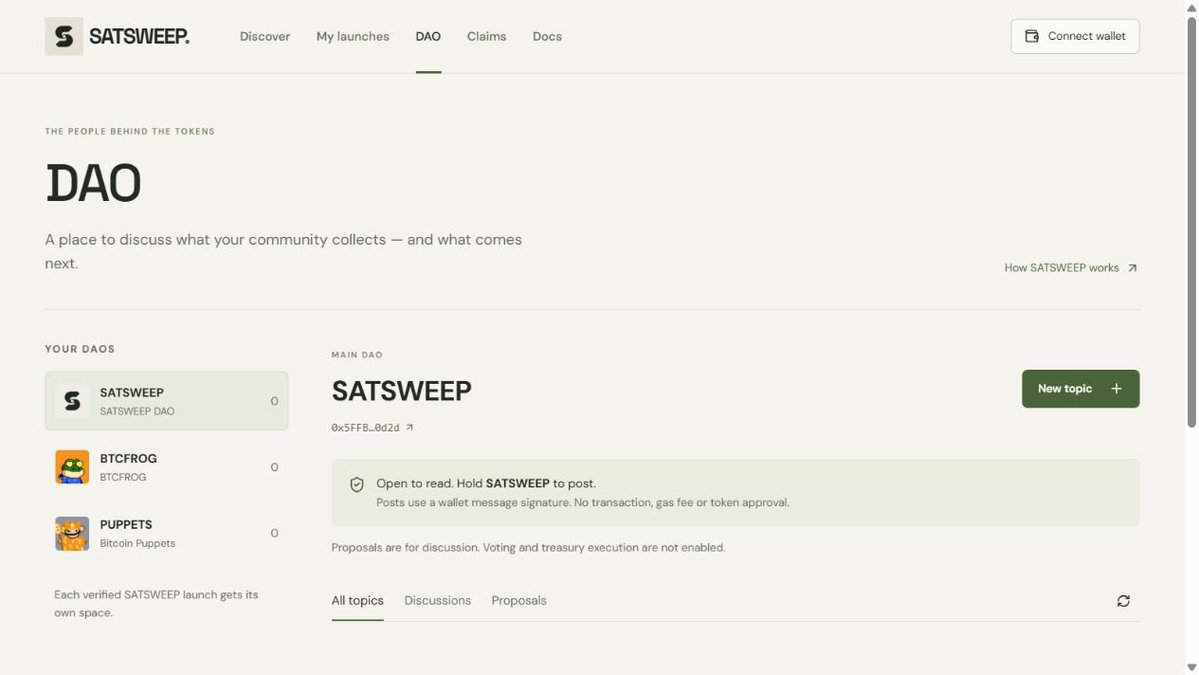 satsweepio's tweet photo. DAO forums are now open on SATSWEEP.

Holders can submit proposals and discuss them in their token’s forum, including our own SATSWEEP forum.
Voting on how each community uses its Ordinals will follow.
https://t.co/ZLCcE11EVi https://t.co/rthdXEUeDV