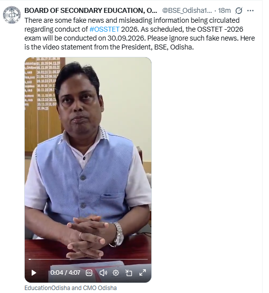 otvkhabar's tweet photo. ସ୍ଥଗିତ ହୋଇନି OSSTET, ଆସନ୍ତାକାଲି ହିଁ ପରୀକ୍ଷା ହେବ...କାଲି OSSTET ହେବା ନେଇ ସ୍ପଷ୍ଟ କଲେ ବୋର୍ଡ ସଭାପତି...କୌଣସି ପରୀକ୍ଷାର୍ଥୀ ଗୁଜବରେ ବିଶ୍ବାସ କରନ୍ତୁ ନାହିଁ
#OSSTET #OSSTET2026 #BSEOdisha #OdishaExam #TeacherEligibilityTest #ExamTomorrow #NoPostponement #OTV https://t.co/66W2RJuxNl