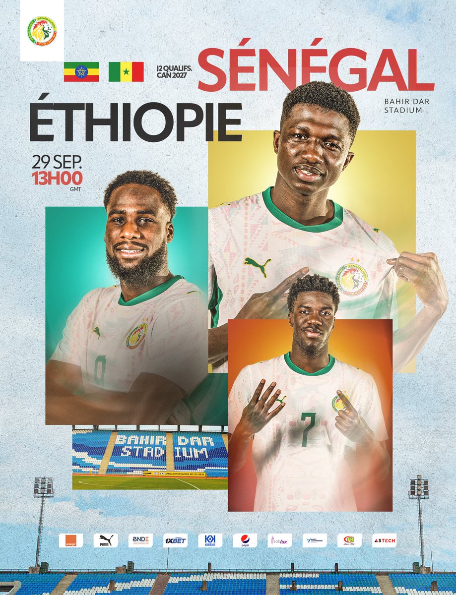 GaindeYi's tweet photo. 𝙅𝙊𝙐𝙍 𝘿𝙀 𝙈𝘼𝙏𝘾𝙃 | Le Senegal affronte ce mardi l’Ethiopie à Bahir Dar, match comptant pour la deuxième journée des éliminatoires de la CAN 2027 dans le groupe J. 

⏰ Coup d’envoi : 13h00 GMT 
📺 En direct sur la RTS https://t.co/PxQYx6mLtD