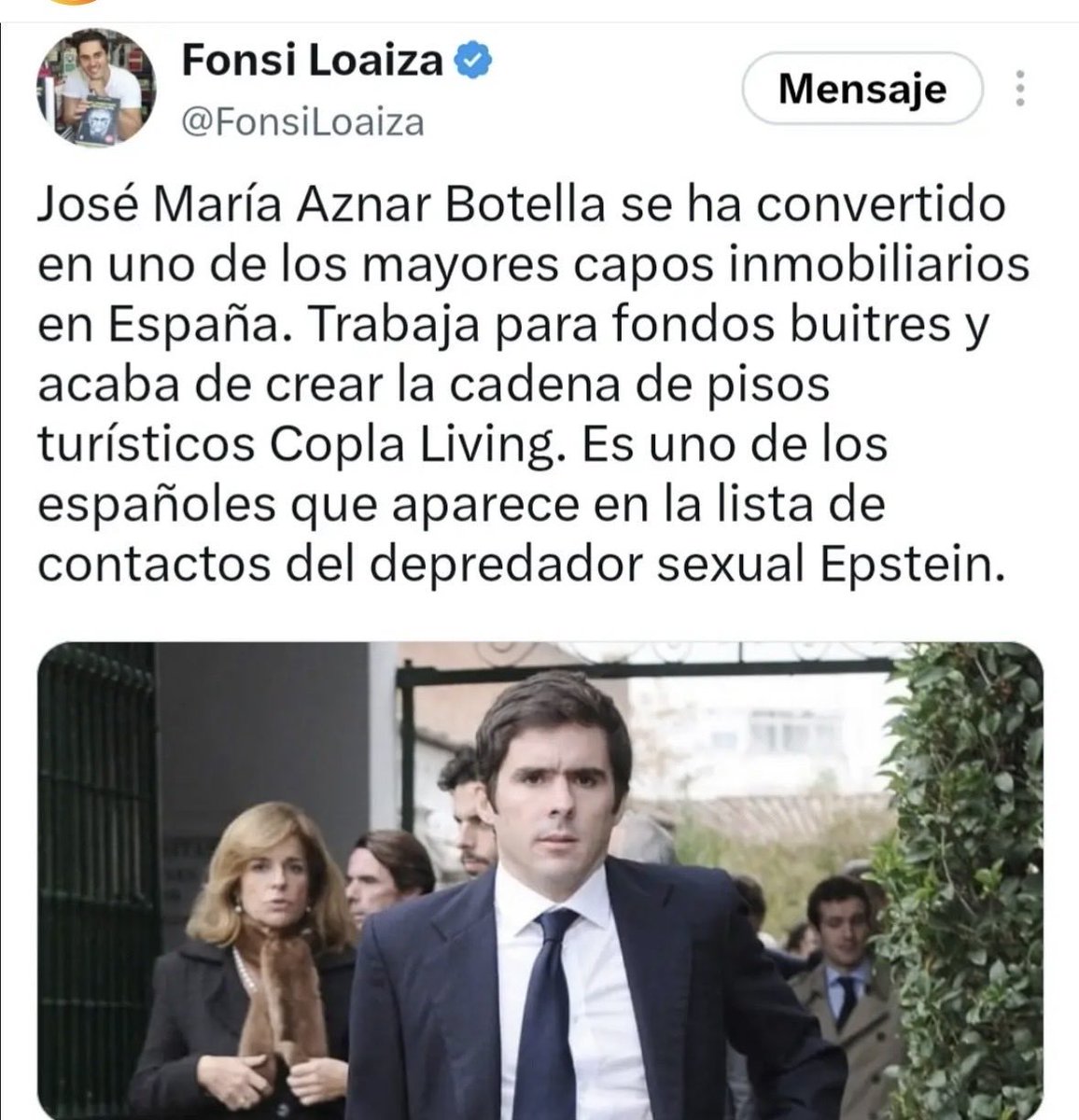 ELTOLAVARA6's tweet photo. Aquí está la respuesta de por qué el PP votó a favor de que se desahuciara a gente vulnerable como Maricarmen..El hijo de su AMO AZNAR trabaja para fondos buitre que se dedican a sacar a patadas a gente como Maricarmen...
                               👇 https://t.co/XewZCcVMHM