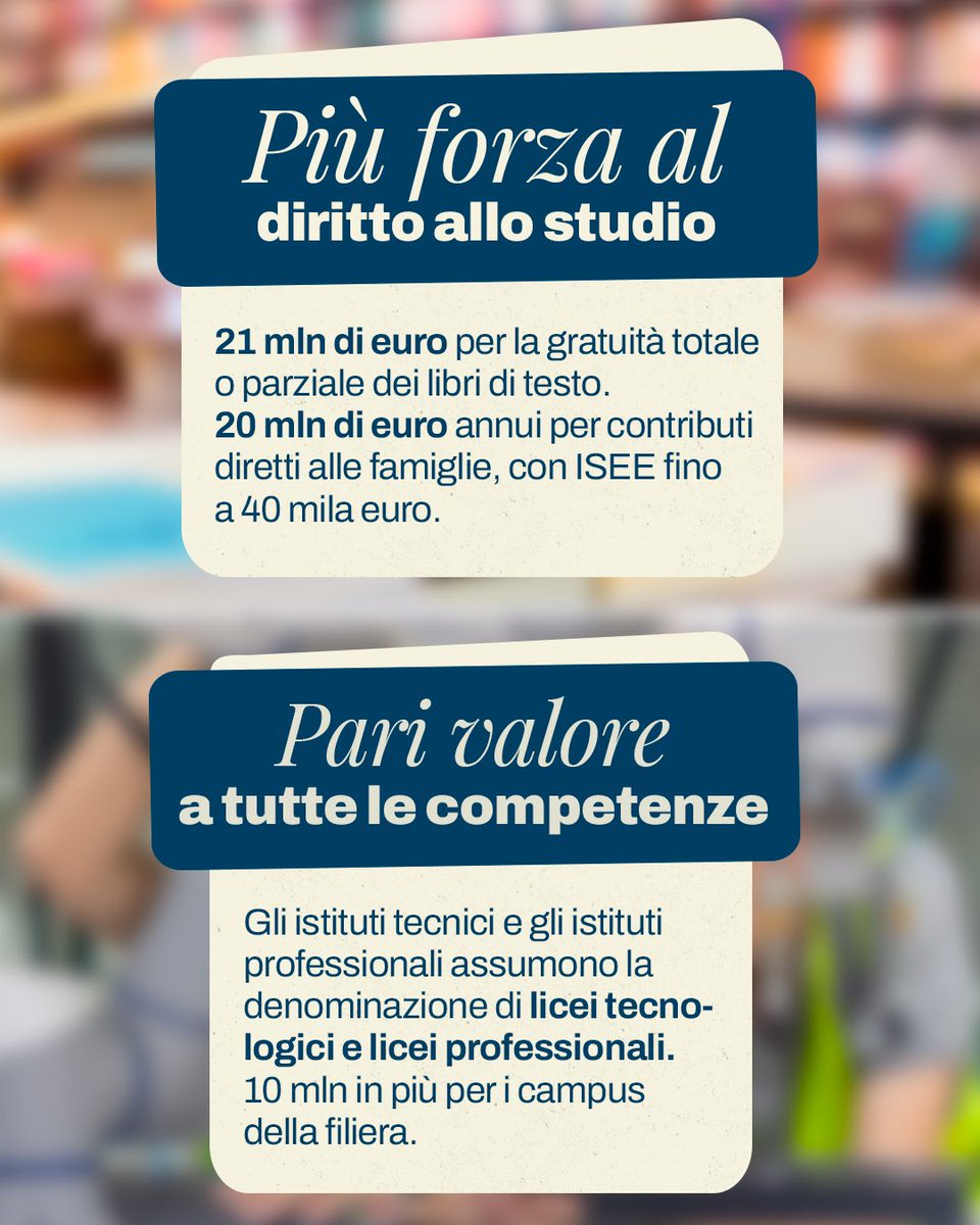 GiorgiaMeloni's tweet photo. Con il nuovo Decreto Scuola non ci occupiamo solo di integrazione e sicurezza. Ci sono diverse misure che riguardano concretamente il diritto allo studio e la vita degli studenti e dei loro genitori.

21 milioni di euro per la gratuità totale o parziale dei libri di testo. 20 milioni di euro annui per contributi diretti alle famiglie, con ISEE fino a 40.000€. Prevediamo una programmazione più puntuale delle ore di sostegno per gli alunni con disabilità e maggiore continuità nel passaggio da un ciclo scolastico all’altro. Investiamo sul contrasto al cyberbullismo e rafforziamo i percorsi di educazione al rispetto.

Riconosciamo pari dignità e valore a tutte le competenze, con gli istituti tecnici e professionali che assumono la denominazione di licei, e con più risorse per i campus della filiera. Proseguiamo anche gli interventi di edilizia scolastica, per scuole più sicure e moderne.

Sono misure diverse tra loro, ma che hanno un obiettivo comune: dare ai nostri ragazzi una scuola che sappia offrire più strumenti, più opportunità e una formazione adeguata al mondo che li aspetta. Perché la scuola è il luogo in cui costruiamo il futuro dei nostri figli e dell’Italia.