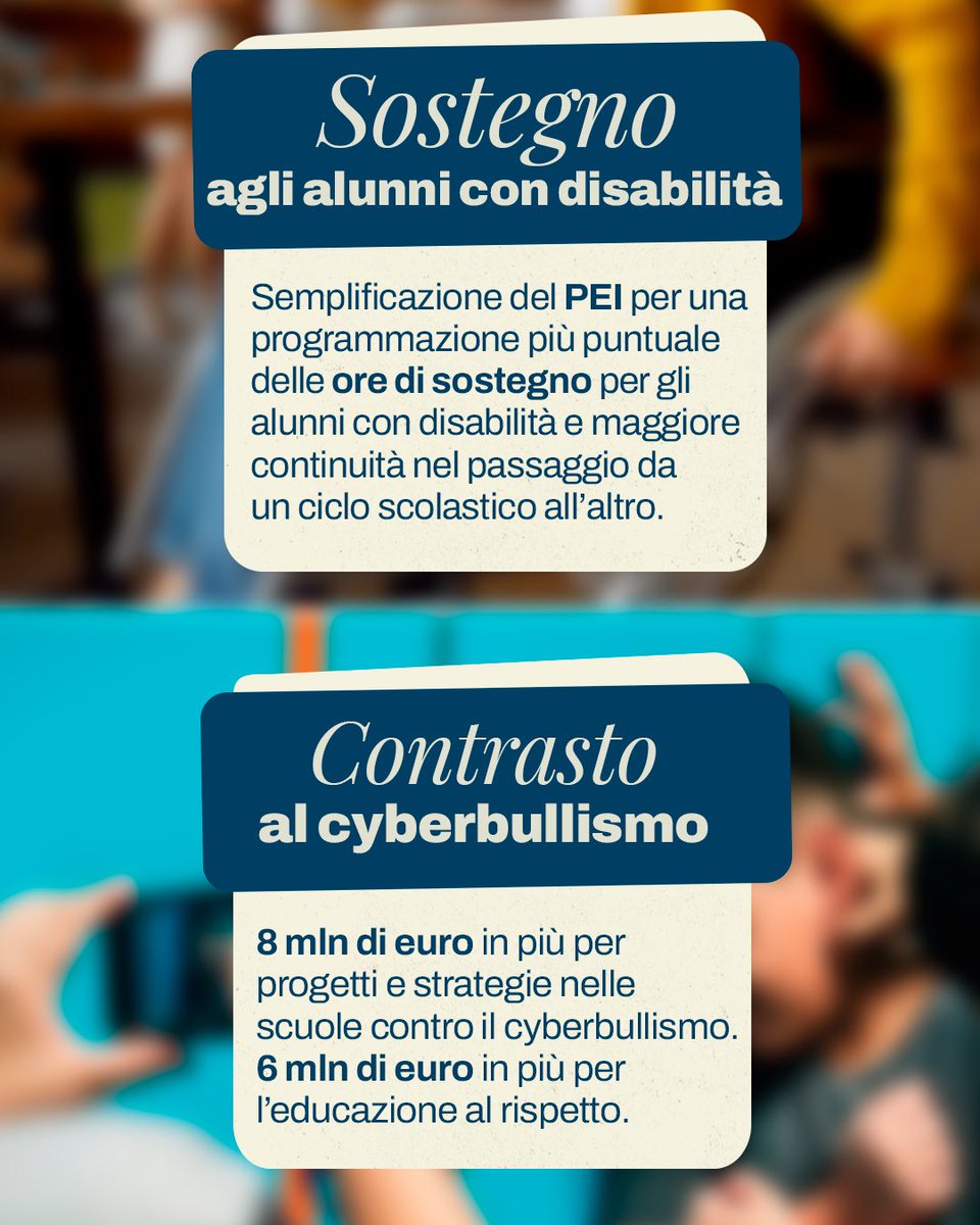 GiorgiaMeloni's tweet photo. Con il nuovo Decreto Scuola non ci occupiamo solo di integrazione e sicurezza. Ci sono diverse misure che riguardano concretamente il diritto allo studio e la vita degli studenti e dei loro genitori.

21 milioni di euro per la gratuità totale o parziale dei libri di testo. 20 milioni di euro annui per contributi diretti alle famiglie, con ISEE fino a 40.000€. Prevediamo una programmazione più puntuale delle ore di sostegno per gli alunni con disabilità e maggiore continuità nel passaggio da un ciclo scolastico all’altro. Investiamo sul contrasto al cyberbullismo e rafforziamo i percorsi di educazione al rispetto.

Riconosciamo pari dignità e valore a tutte le competenze, con gli istituti tecnici e professionali che assumono la denominazione di licei, e con più risorse per i campus della filiera. Proseguiamo anche gli interventi di edilizia scolastica, per scuole più sicure e moderne.

Sono misure diverse tra loro, ma che hanno un obiettivo comune: dare ai nostri ragazzi una scuola che sappia offrire più strumenti, più opportunità e una formazione adeguata al mondo che li aspetta. Perché la scuola è il luogo in cui costruiamo il futuro dei nostri figli e dell’Italia.