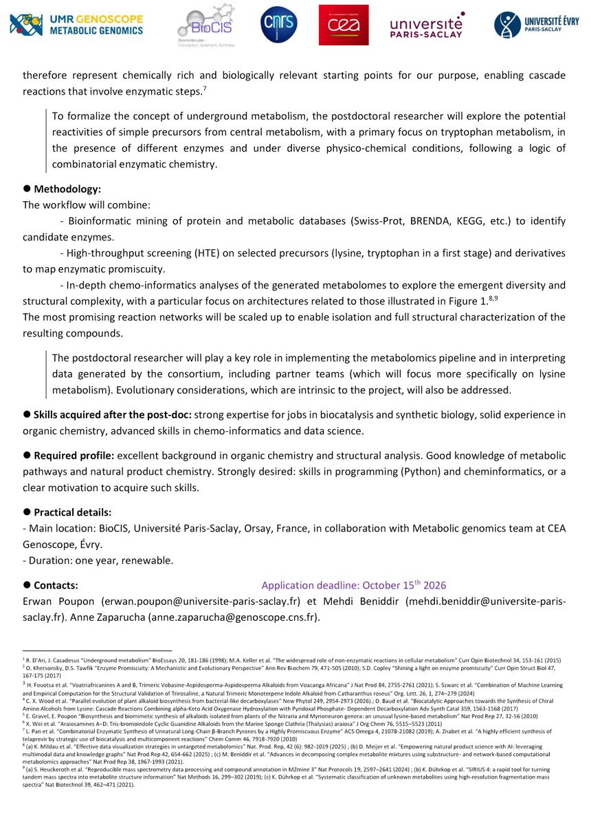 BioCIS's tweet photo. [#job #postdoc] @BioCIS is recruiting a #Postdoctoral Combinatorial enzymatic and spontaneous reactions to unravel the emergence of structural diversity in #natural_product metabolism @CNRSchimie @UniversiteCergy @BeniddirM @erwan_poupon https://t.co/8kRa63onQ9