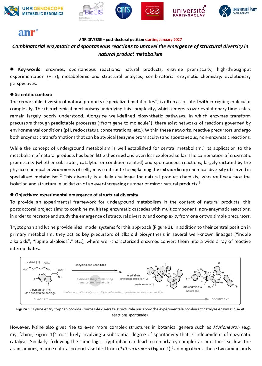 BioCIS's tweet photo. [#job #postdoc] @BioCIS is recruiting a #Postdoctoral Combinatorial enzymatic and spontaneous reactions to unravel the emergence of structural diversity in #natural_product metabolism @CNRSchimie @UniversiteCergy @BeniddirM @erwan_poupon https://t.co/8kRa63onQ9