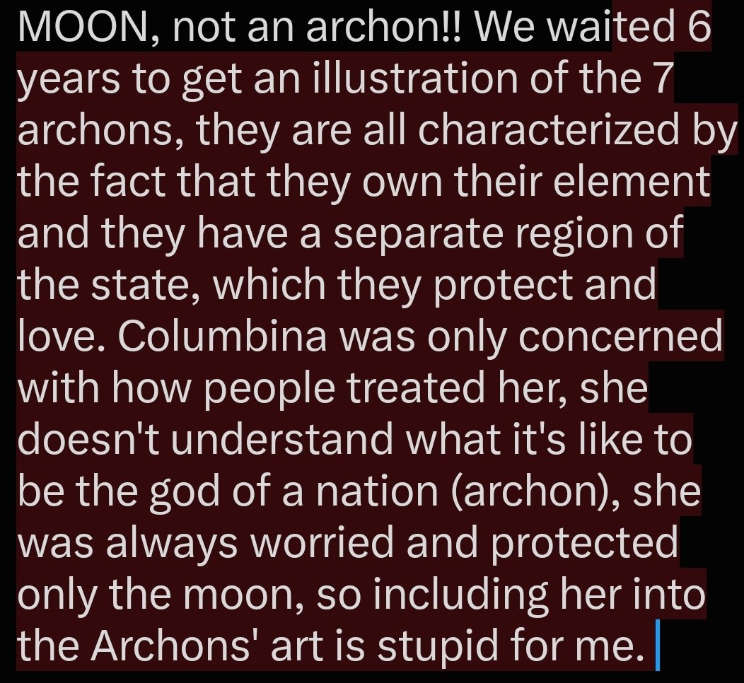 TBelarus228's tweet photo. I really don't like the fact that Columbina is included in every art of the Archons, she just doesn't fit in here. Because this is the ARCHONS illustration, Bina almost never really protected or cared about her people for me. She is the goddess of the MOON, not an archon!! https://t.co/OATrwTlEng