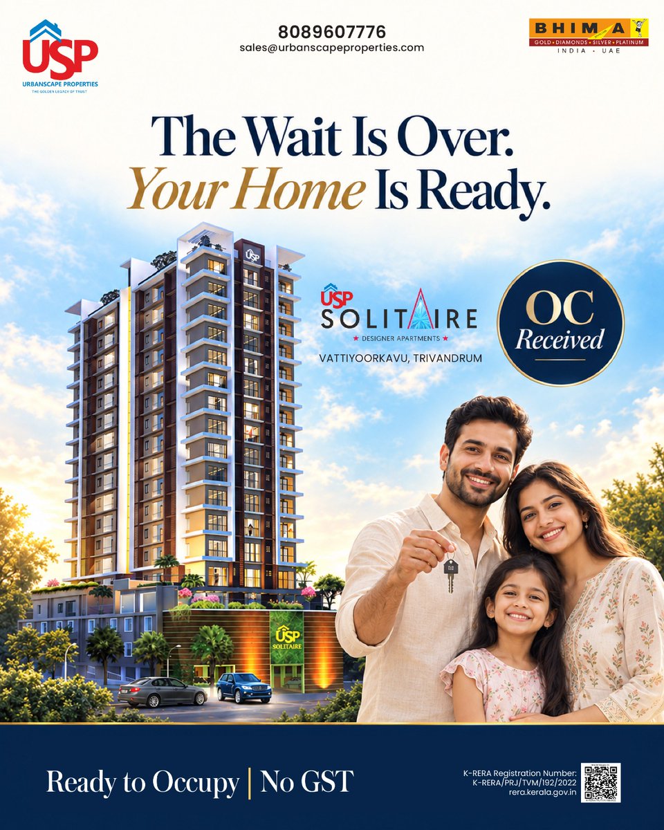 ubscape's tweet photo. 𝐎𝐜𝐜𝐮𝐩𝐚𝐧𝐜𝐲 𝐂𝐞𝐫𝐭𝐢𝐟𝐢𝐜𝐚𝐭𝐞 𝐫𝐞𝐜𝐞𝐢𝐯𝐞𝐝 𝐚𝐭 𝐔𝐒𝐏 𝐒𝐨𝐥𝐢𝐭𝐚𝐢𝐫𝐞! 
Your new home in Vattiyoorkavu is ready for you to move in, with no GST.
Schedule a visit: 8089607776

#UrbanscapeProperties #USP #Bhima #UrbanscapeSolitaire https://t.co/ewKHq9iju6