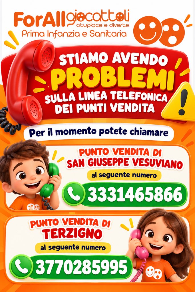ForAllGiocattol's tweet photo. Avvisi importante
Stiamo avendo problemi sulla linea telefonica di entrambi i punti vendita. Per emergenze, chiamare per il punto vendita di San Giuseppe Vesuviano al numero 3331465866. Per il punto vendita di Terzigno chiamare il numero 3770285995. https://t.co/FEOF0kMUr1