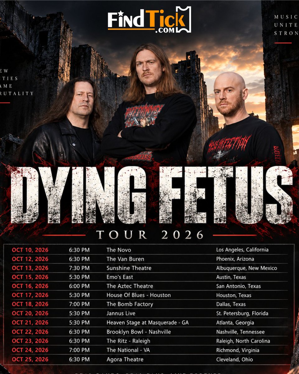 Findtickoffical's tweet photo. @DyingFetusBand  – Tour 2026 🤘🔥
⠀
Crushing riffs, technical precision, brutal grooves, and relentless death metal energy hit the stage in 2026.
⠀
🎟️ Find your tickets with FindTick.
https://t.co/IAqcpNuI1v
⠀
#dyingfetus #deathmetal #liveconcert #findtick https://t.co/l53B8DQ45P