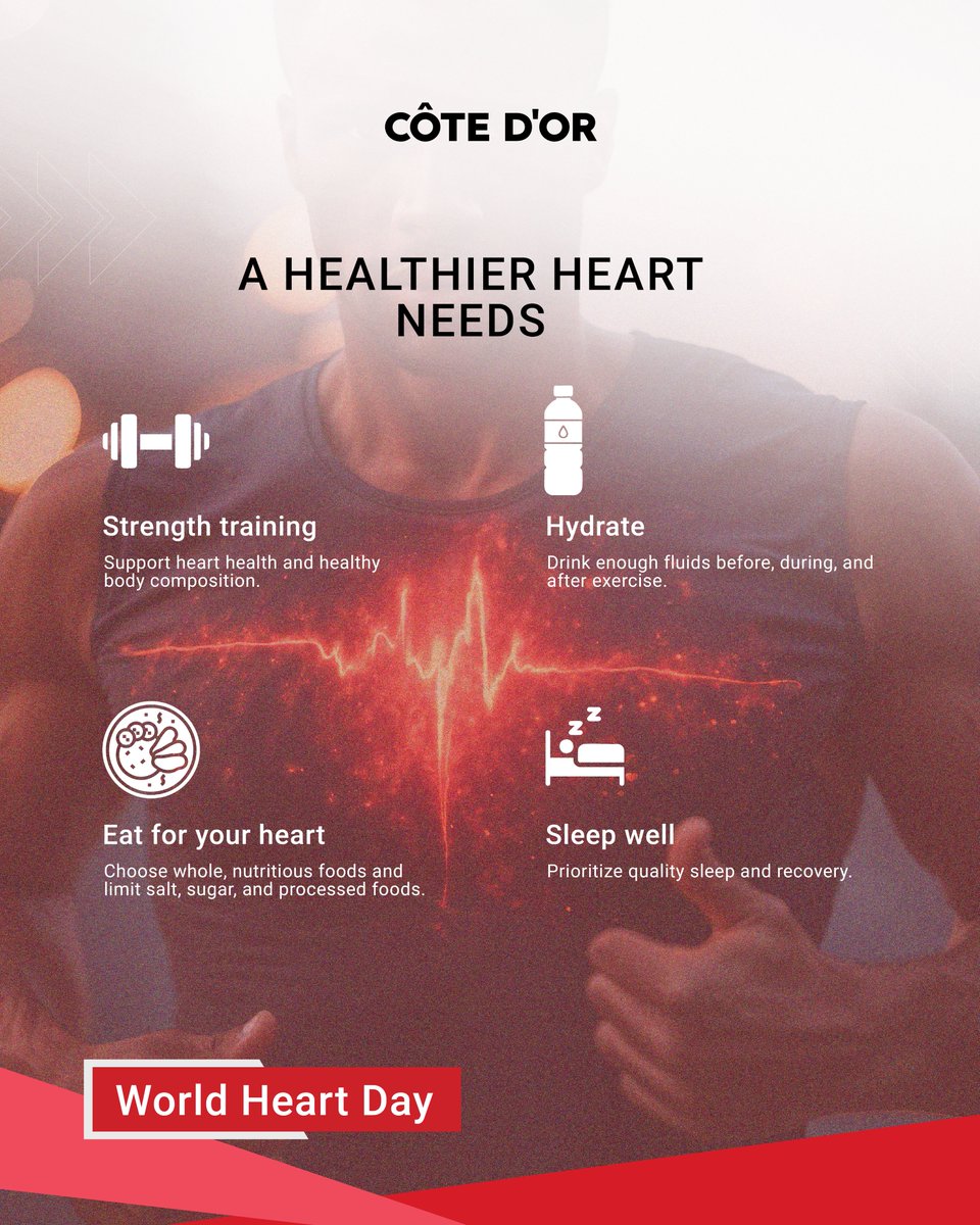 CoteDorSports's tweet photo. On this World Heart Day, here are 4 ways to help keep your heart healthier: 
Include strength training in your routine.
Stay well hydrated.
Eat wisely by choosing nourishing foods.
Get enough quality sleep. 
Small, and healthy habits can make a difference to your heart health. https://t.co/soOvTXa3a2