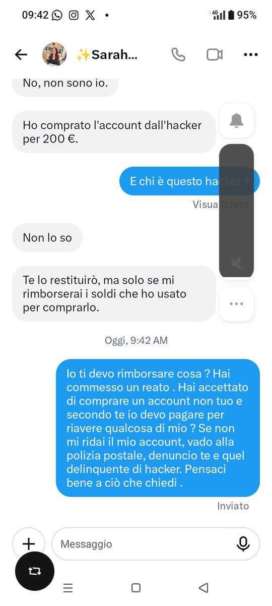 MarinaBugatto's tweet photo. Questa rivuole i soldi da me per riavere il mio account. Secondo voidevo avvisare la polizia postale? Tanto mi sa che X non farà nulla https://t.co/GOSzSOEcFZ