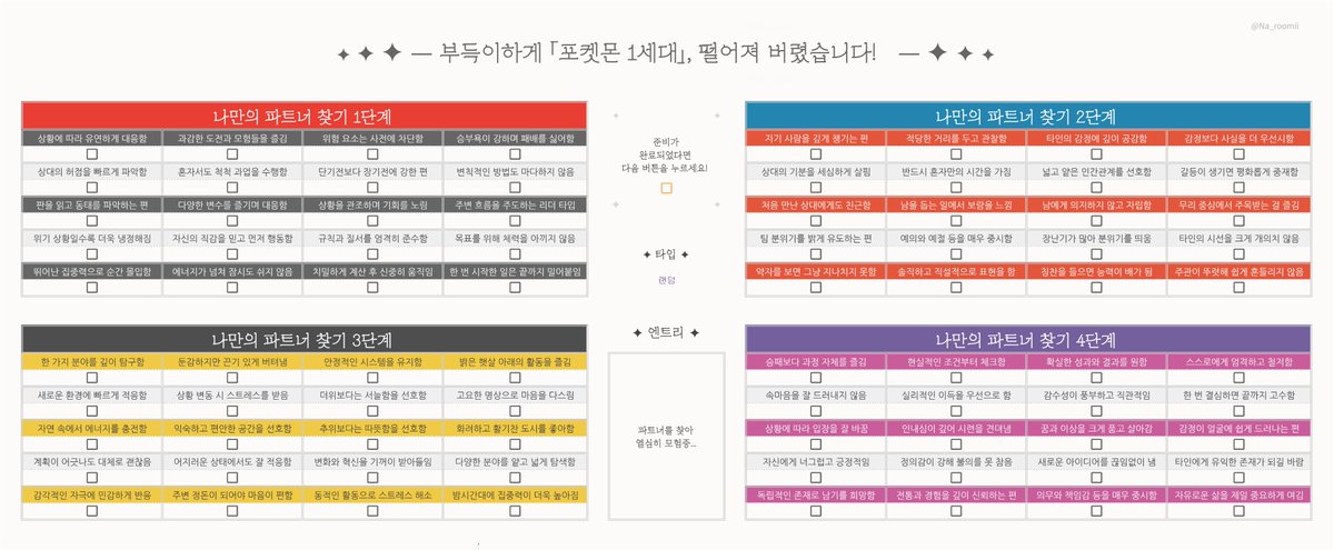 Na_roomii's tweet photo. #체크리스트 부득이하게 「포켓몬 1세대」, 떨어져 버렸습니다!

[1세대] 포켓몬 엔트리를 알아봅시다! 🍀
[1세대] 포켓몬 151개가 존재하며 타입 선택이 가능합니다!

❤ 해당 체크리스트는 일정 기간 무료 배포된 뒤 소액 결제 유료로 전환됩니다! (~2026-09-30 00:00)

https://t.co/hbqfhixHVi https://t.co/ZkbV6t83Db