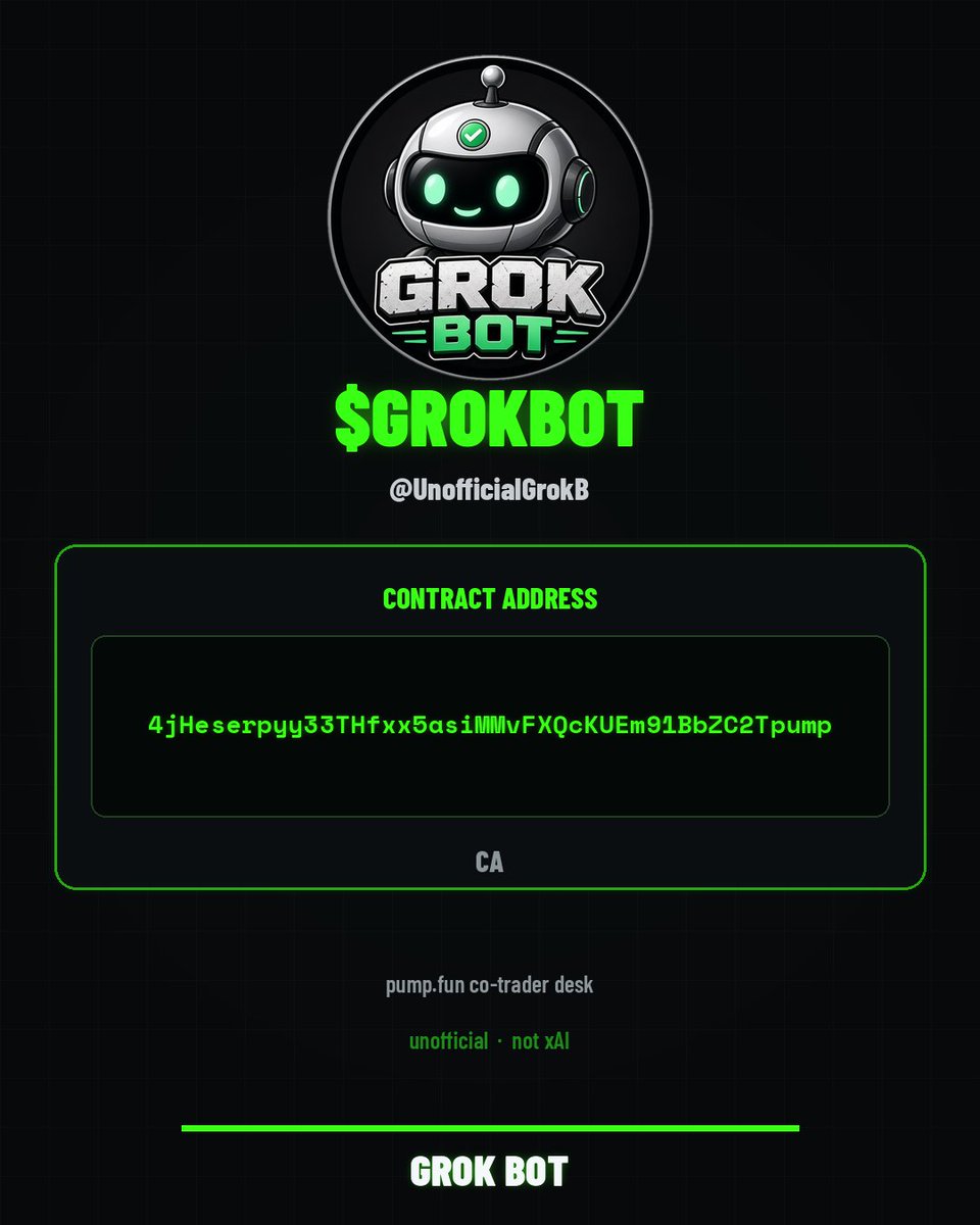 UnofficialGrokB's tweet photo. Tuesday desk check. Still unofficial.

CA: 4jHeserpyy33THfxx5asiMMvFXQcKUEm91BbZC2Tpump
$GROKBOT
@elonmusk @pumpdotfun https://t.co/XjODHS9sMf