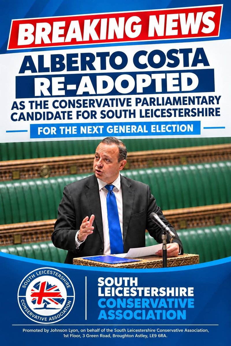 AlbertoCostaMP's tweet photo. I am delighted to share that I have been readopted as the Conservative candidate for South Leicestershire.

This means that when the next election comes, I will again be able to stand as the Conservative Party's candidate for our area.

Serving the people of South Leicestershire since 2015 has been the greatest privilege of my working life. I will continue to fight for our towns and villages, stand up for local residents, and work every day to earn that trust again.

A huge thank you to the officers, members and volunteers of the @SLConservatives Association for the confidence they have placed in me. Their dedication, week in and week out, is invaluable.