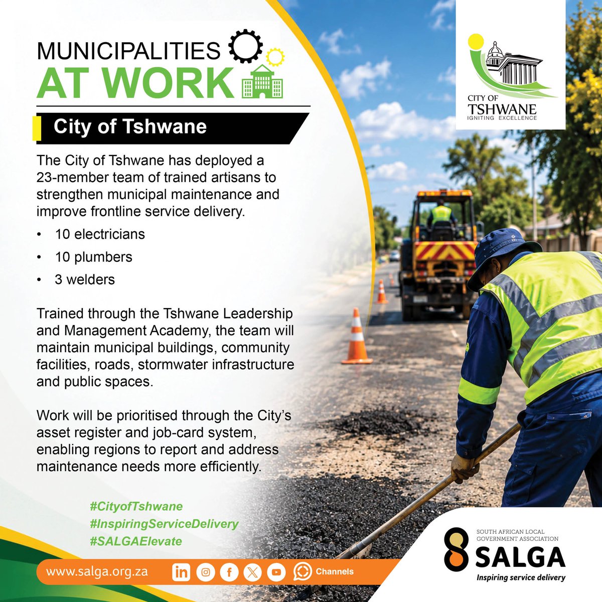 SALGA_Gov's tweet photo. Municipalities at wok!
@City_Ekurhuleni @CityTshwane @RandWestCity1 
#InspiringServiceDelivery
#SALGAElevate https://t.co/GsfFgj4HBb