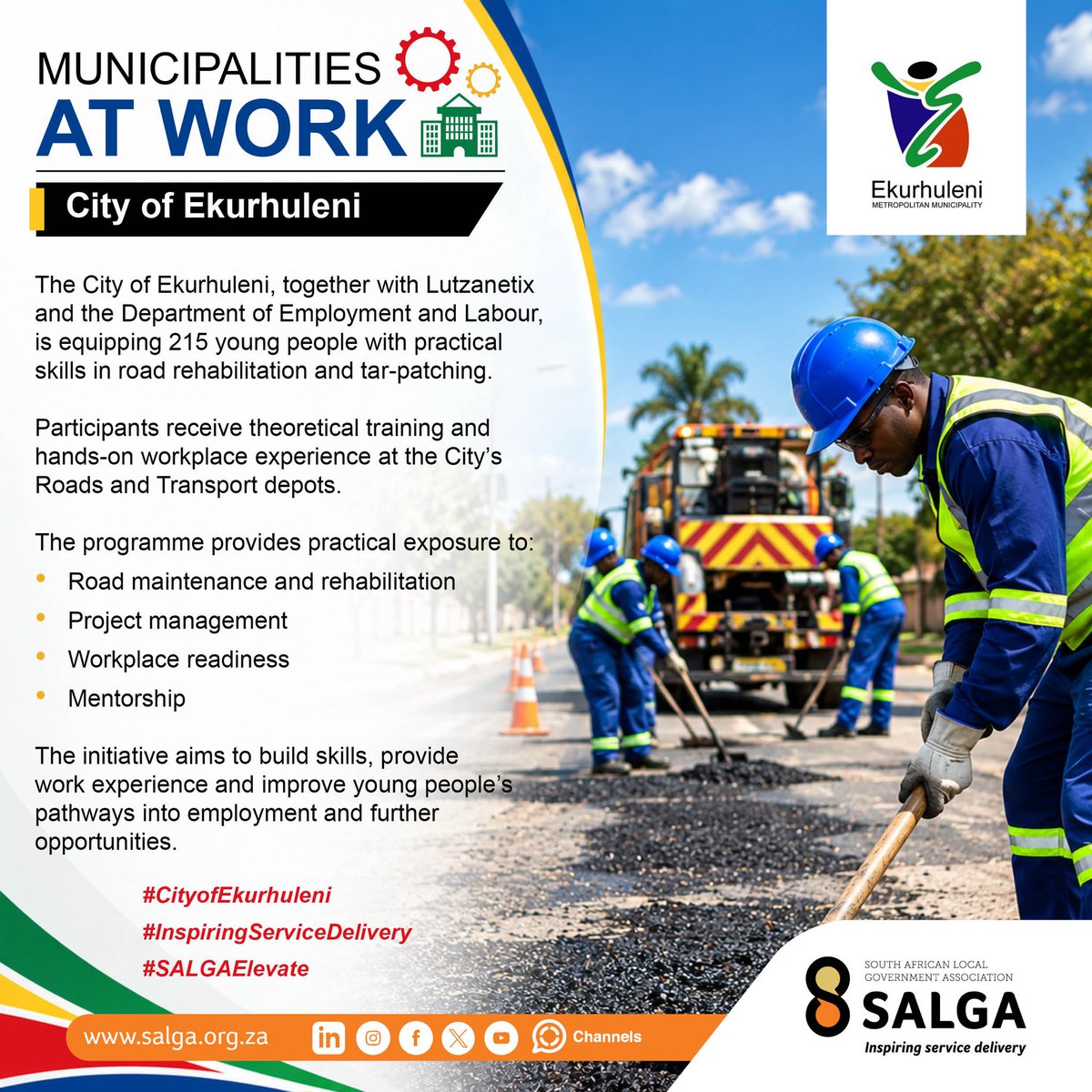SALGA_Gov's tweet photo. Municipalities at wok!
@City_Ekurhuleni @CityTshwane @RandWestCity1 
#InspiringServiceDelivery
#SALGAElevate https://t.co/GsfFgj4HBb