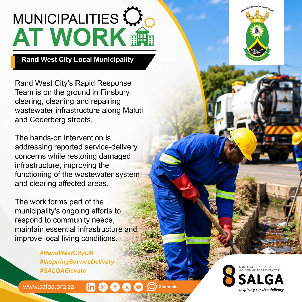 SALGA_Gov's tweet photo. Municipalities at wok!
@City_Ekurhuleni @CityTshwane @RandWestCity1 
#InspiringServiceDelivery
#SALGAElevate https://t.co/GsfFgj4HBb