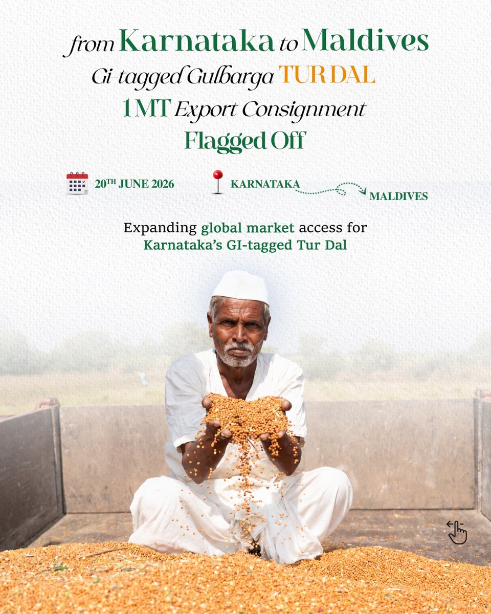 APEDADOC's tweet photo. From Karnataka to the Maldives, GI-tagged Gulbarga Tur Dal is taking a step towards global markets. 🌏

A 1 MT export consignment was flagged off, creating new market access for Karnataka’s renowned Tur Dal and strengthening farmer-to-global-market linkages.

#DOC_GOI #APEDA #GulbargaTurDal #TurDal #GIProducts #Karnataka #AgriExports #IndiaExports #FromFarmToWorld

@DoC_GoI @PIB_India