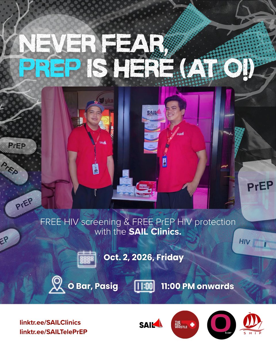 SailClinics's tweet photo. Never fear, #PrEP is here this October! 🎃

Get your free HIV screening and free PrEP with the #SAILClinics at O Bar, Pasig (with @TheRedWhistle). 😉

We'll start this Oct. 2, Friday.
#TogetherWeSAIL with PrEP at O! ⛵

https://t.co/yKie4OGIHm
https://t.co/324aNAdl7O https://t.co/U5oGNKVSBX